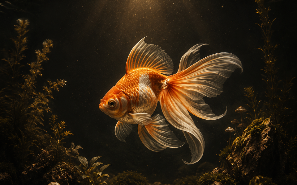 A fancy goldfish — flowing double tail, metallic orange-and-white — mid-turn in a spacious 20-gallon aquarium, dark char