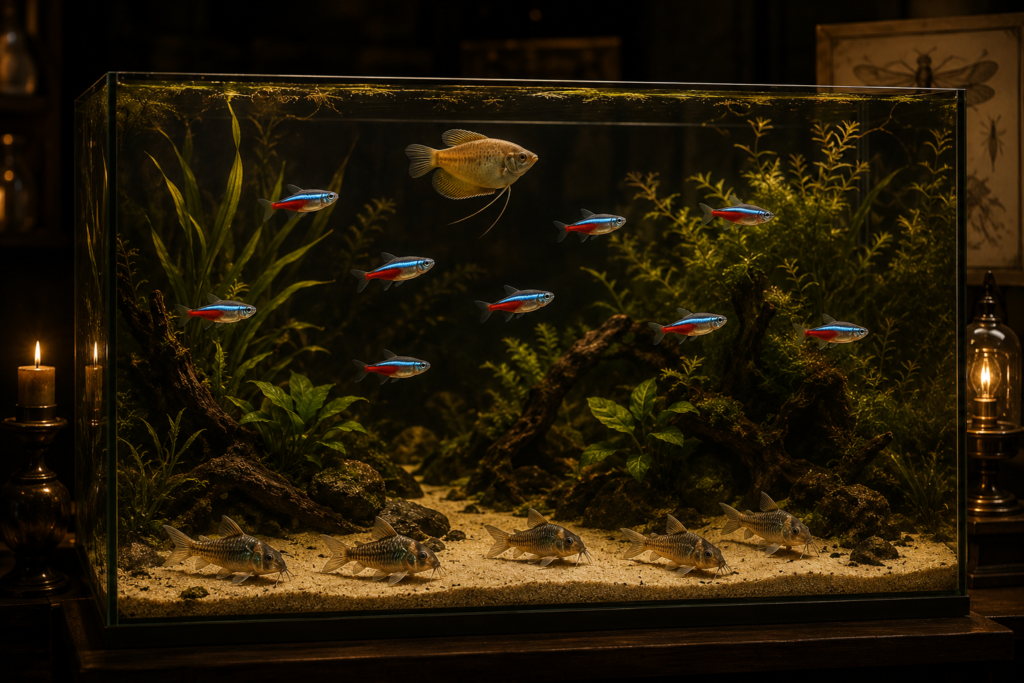 A thriving planted community aquarium showing several fish tank species living together — a school of neon tetras mid-wa