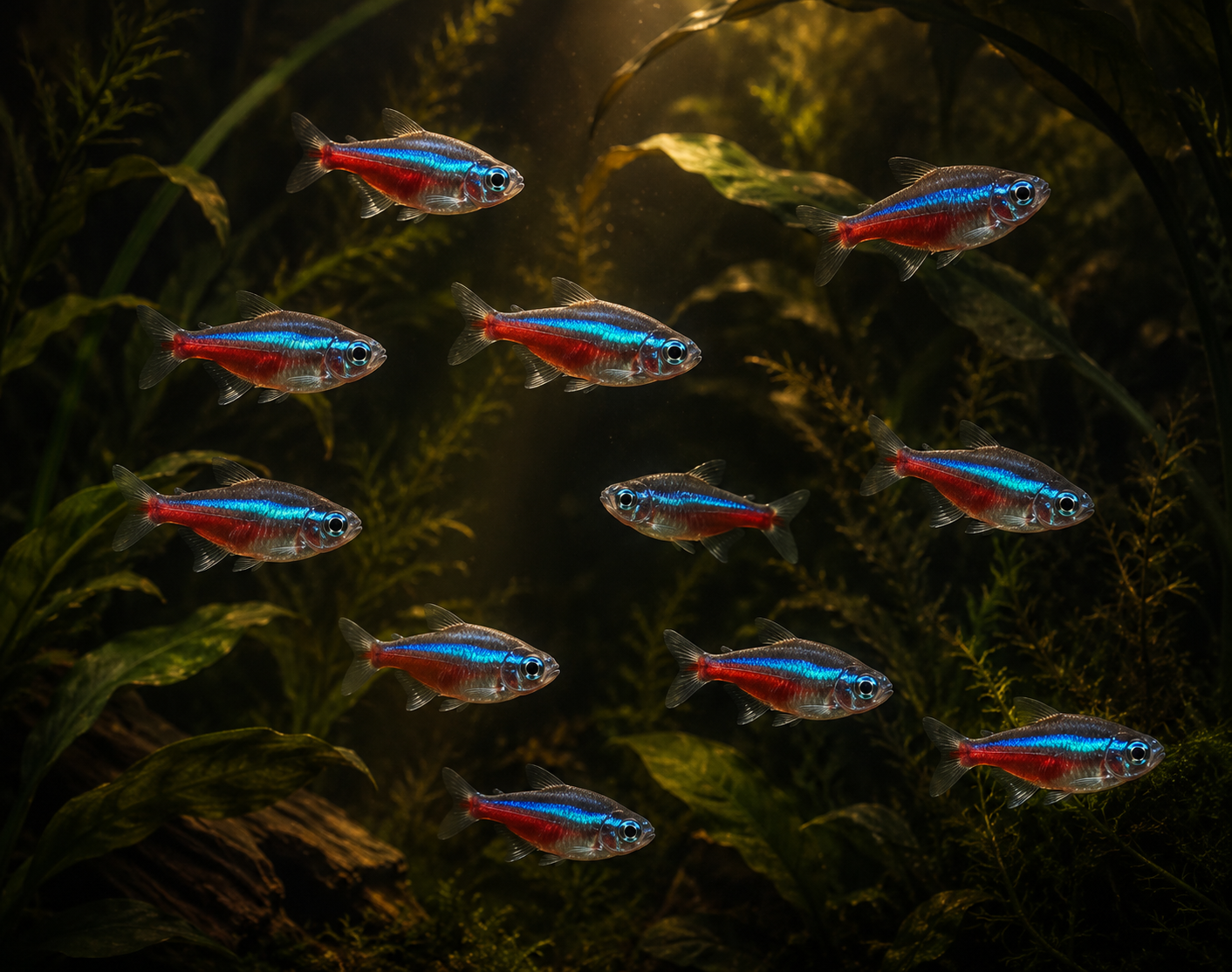 Macro shot of a school of neon tetras — electric blue and red stripes — moving as one through dark green plants, deep ch