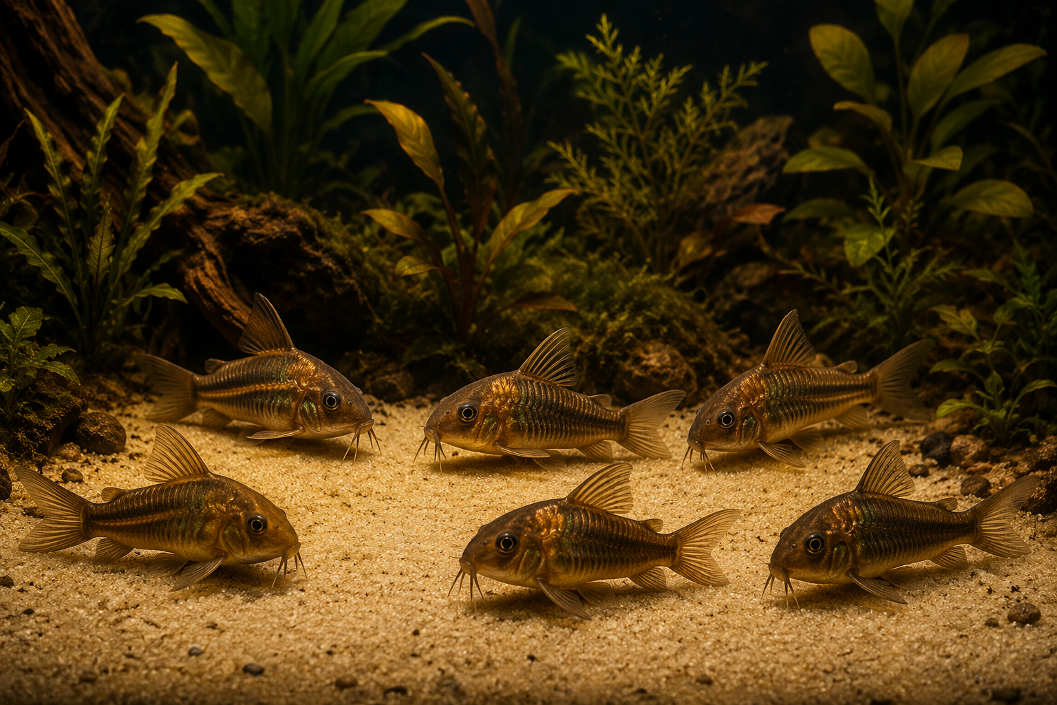 A group of bronze corydoras catfish resting together on pale sand at the bottom of a planted tank, whiskers visible, war