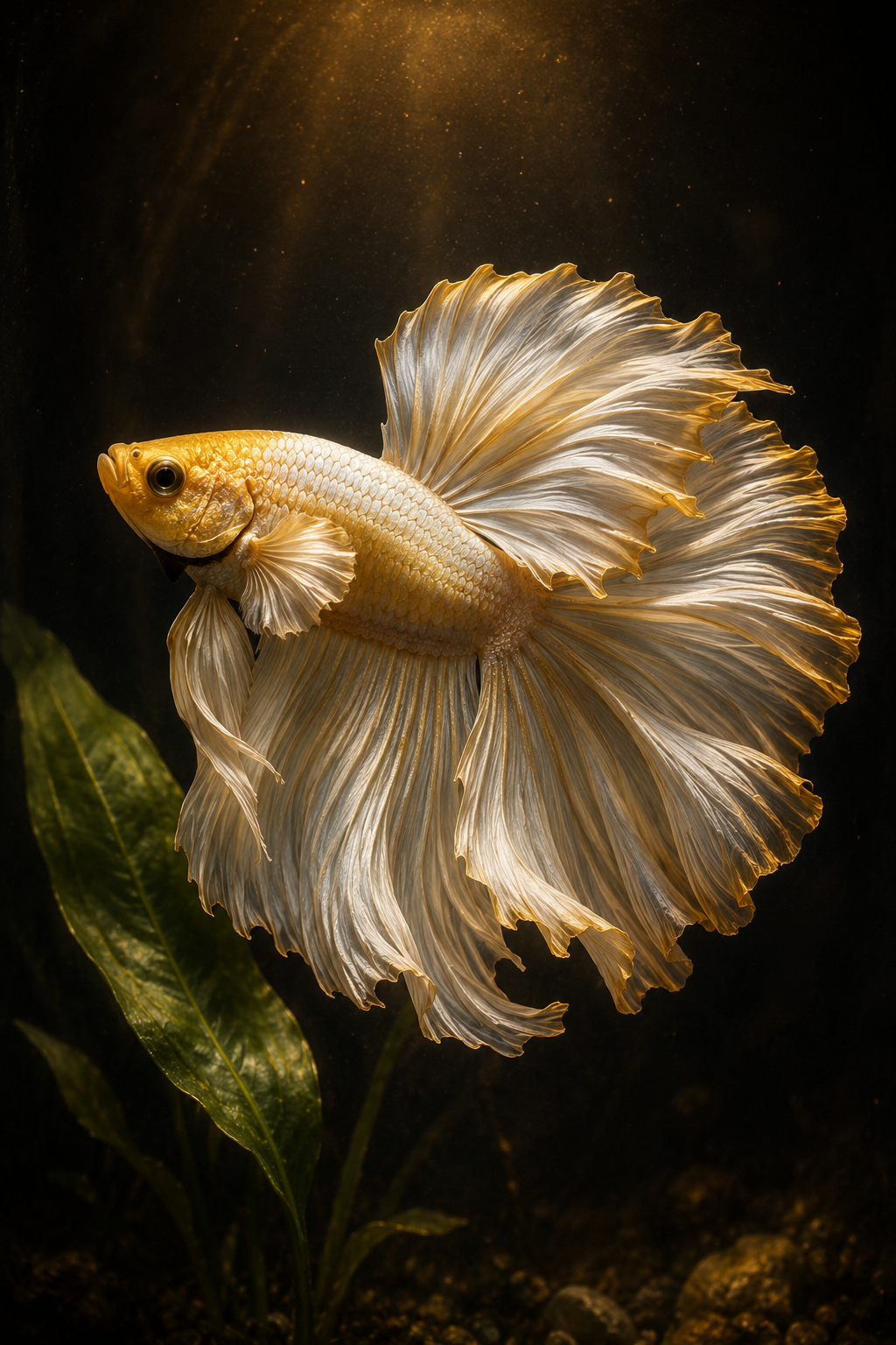 A male betta in full finnage — deep sapphire body, flowing crimson-edged fins — portrait against near-black charcoal wat