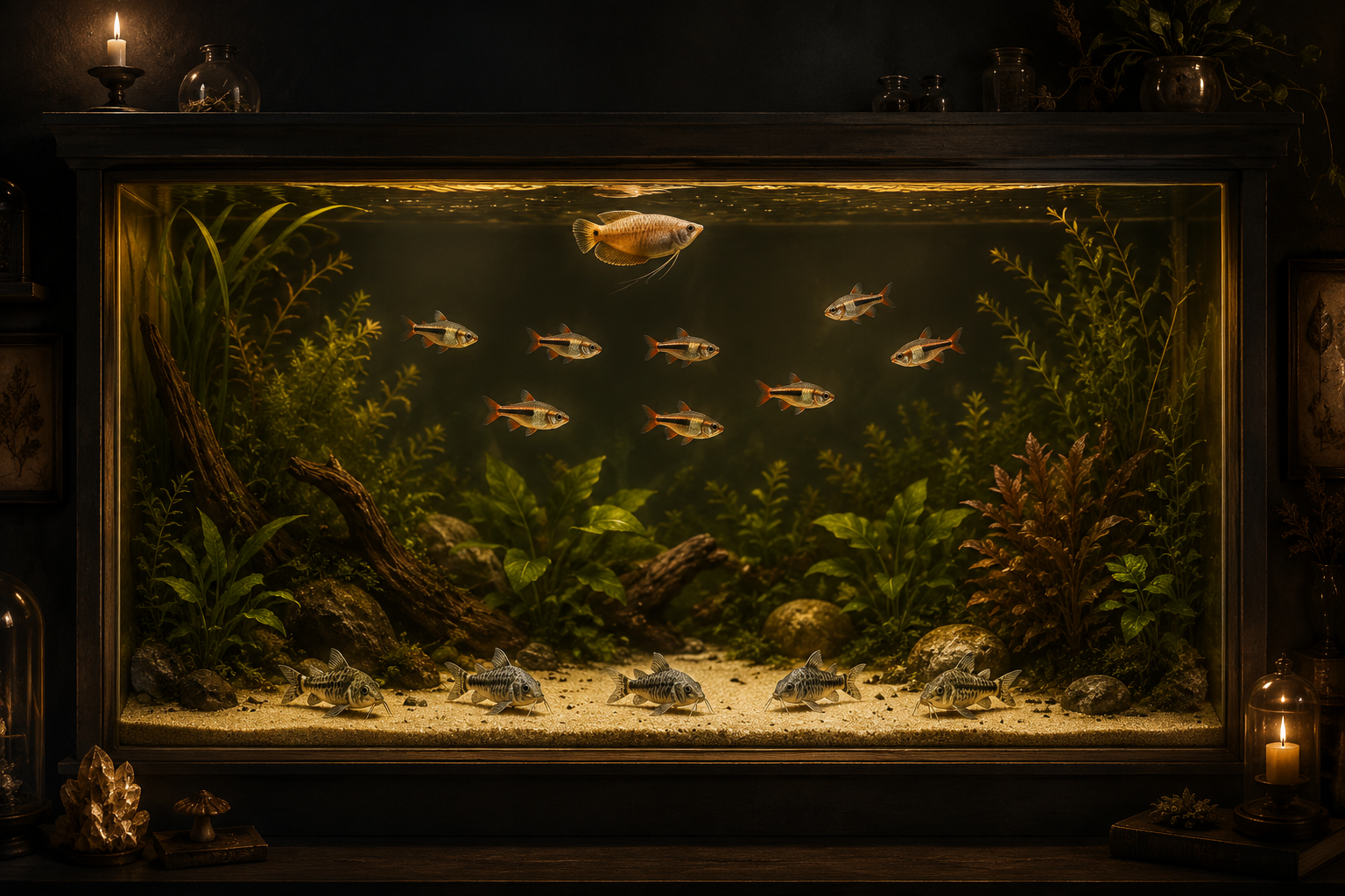A wide shot of a mature 20-gallon community aquarium as a glowing gold-lit window in a dark charcoal wall — rasboras sch