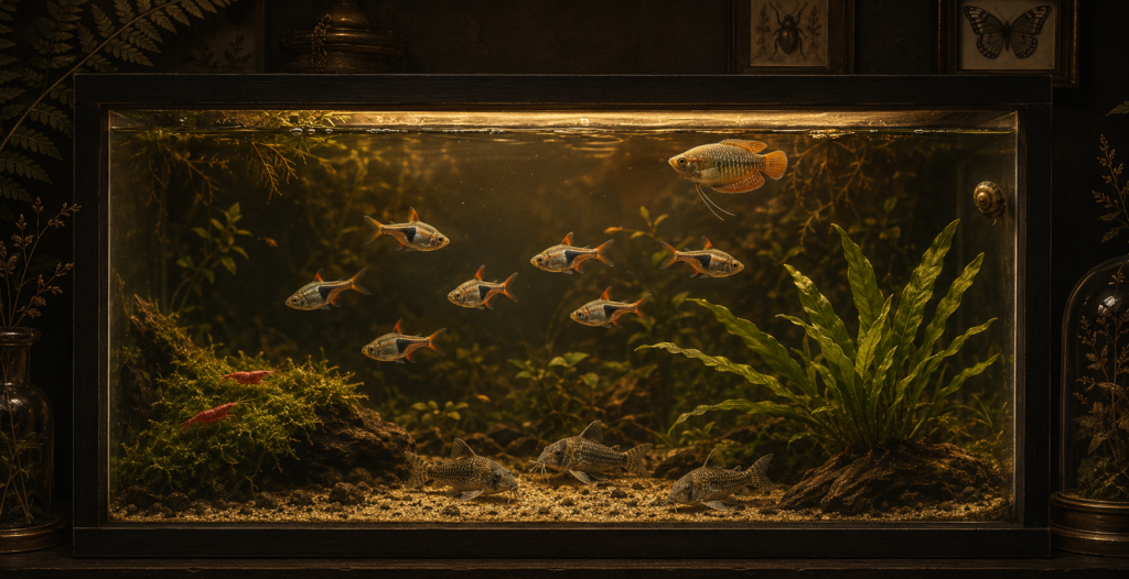 A cross-section view of a planted tank showing every aquarium species role at once — a loose staggered school of 7-9 tet