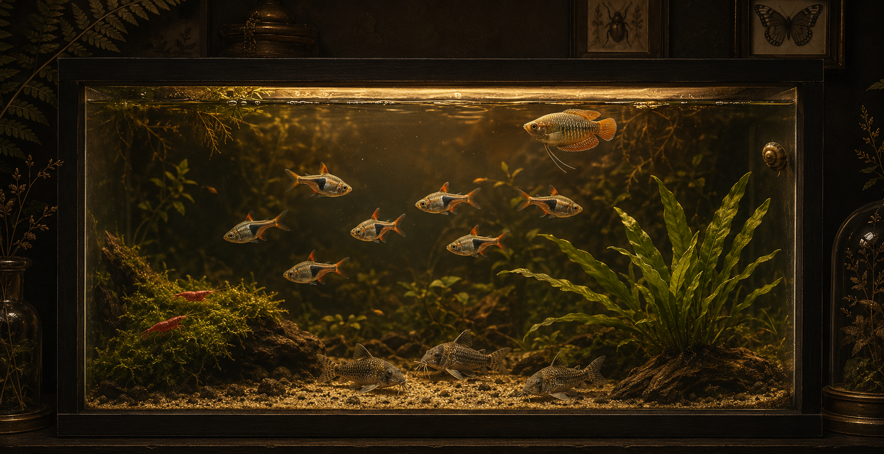 A cross-section view of a planted tank showing every aquarium species role at once — a loose staggered school of 7-9 tet