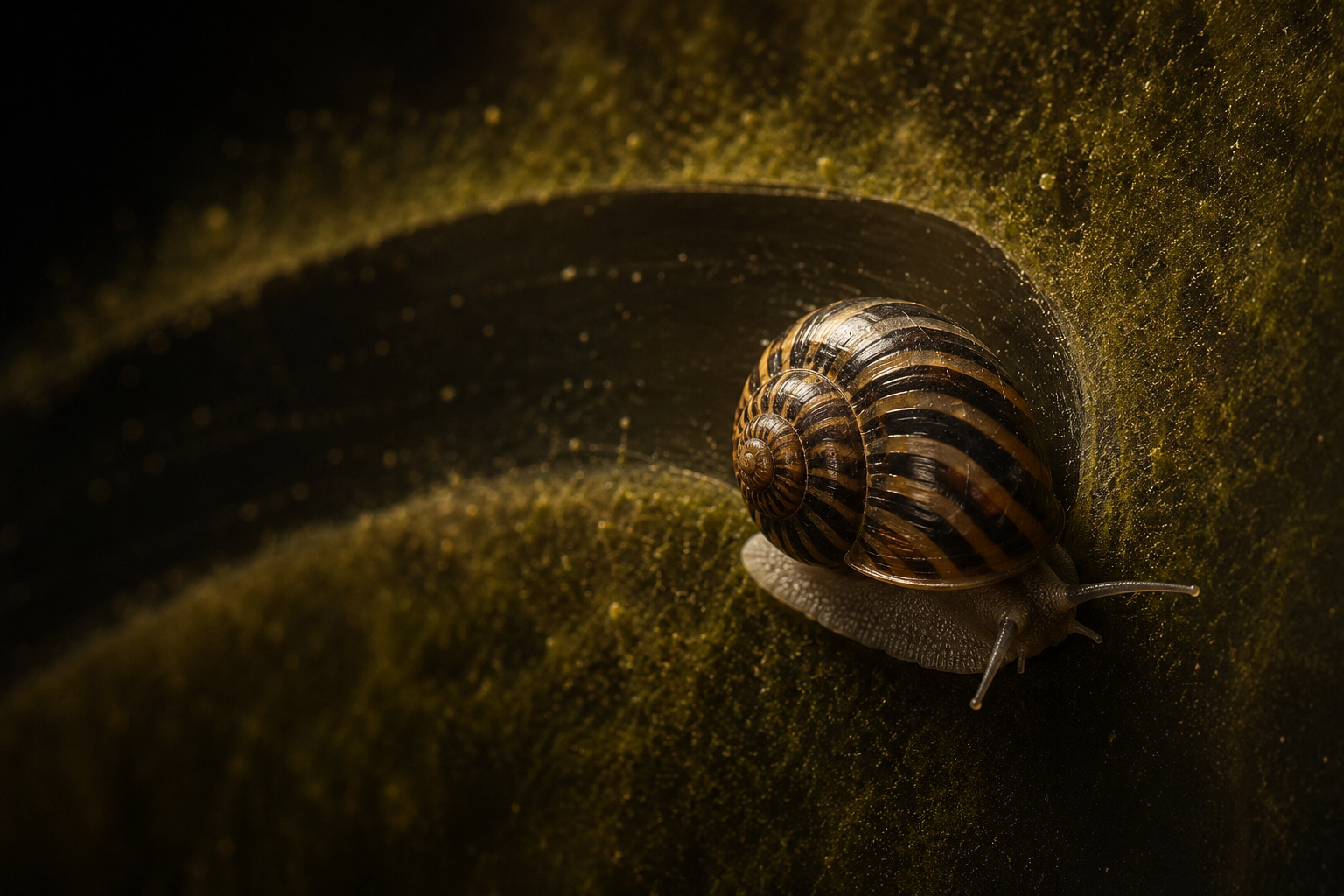 Macro shot of a nerite snail on aquarium glass, its striped shell in crisp detail, a cleaned trail through soft green al