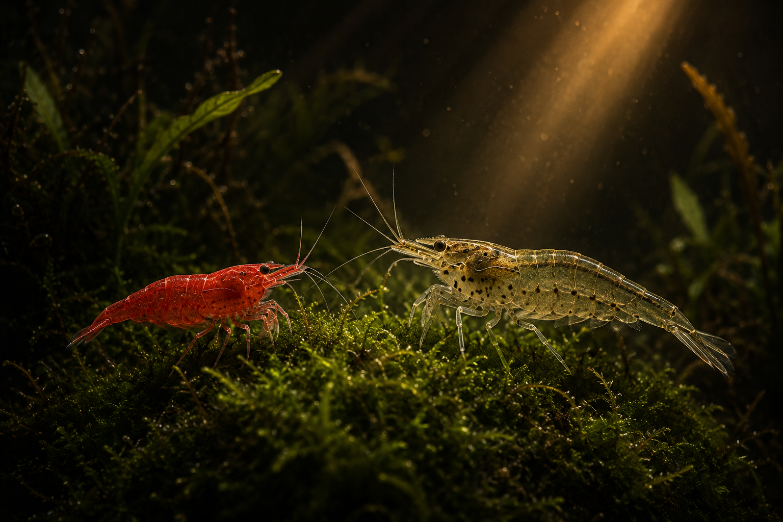 Cherry shrimp and a larger amano shrimp grazing side by side on a mound of java moss, bright red against deep green, cha