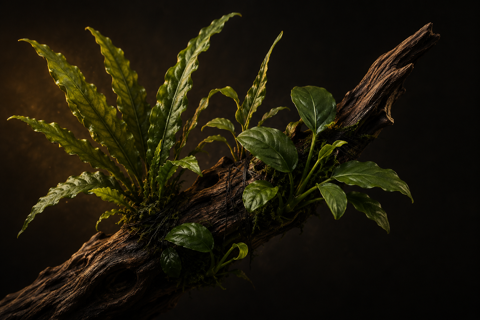 Java fern and anubias tied to a piece of gnarled driftwood with dark thread, new leaves unfurling, set against a deep ch