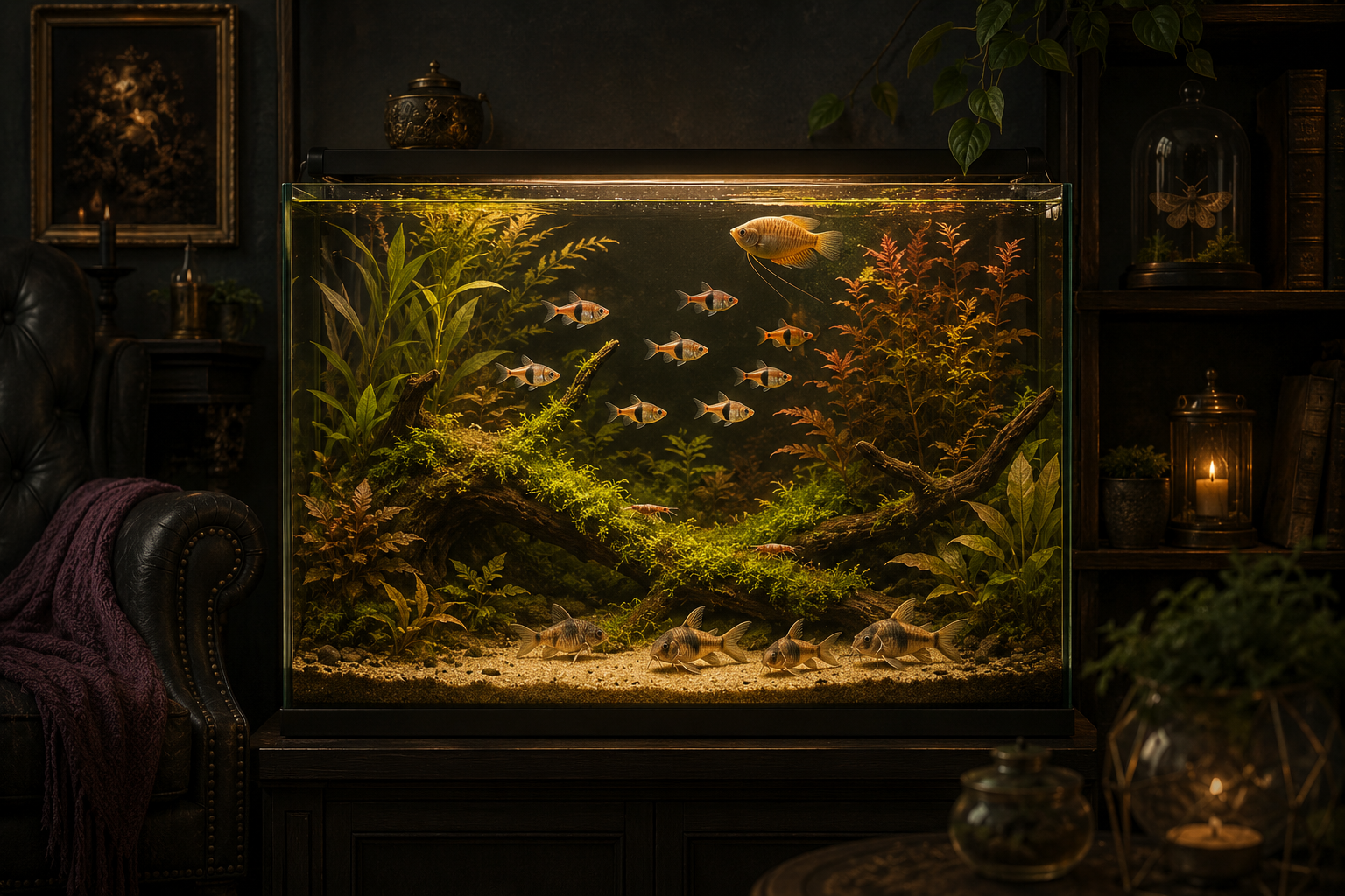 A mature, fully-stocked 20-gallon planted community glowing like a lantern in a dark charcoal living room — 7-9 harlequi