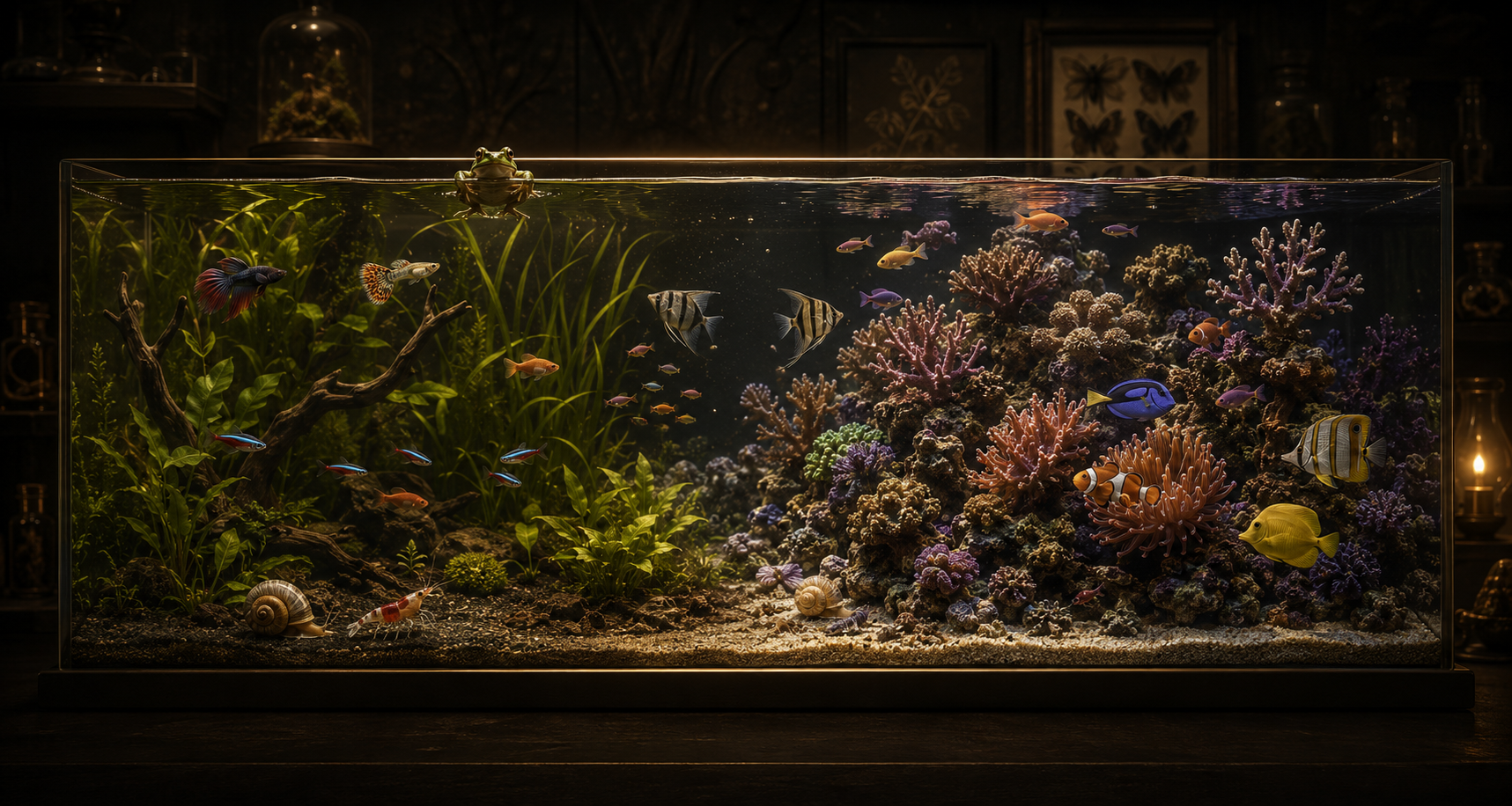 A wide cross-section scene of the entire aquatic world in one image — a lush planted freshwater community aquarium on th