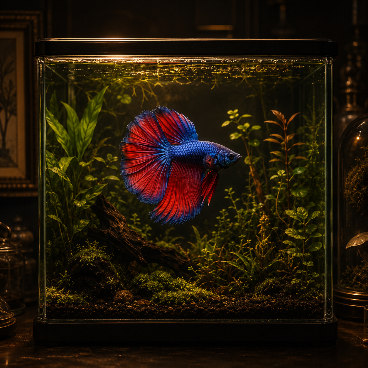 A single vivid blue-and-red betta fish flaring its fins in a densely planted 5-gallon nano aquarium, one complete fish w