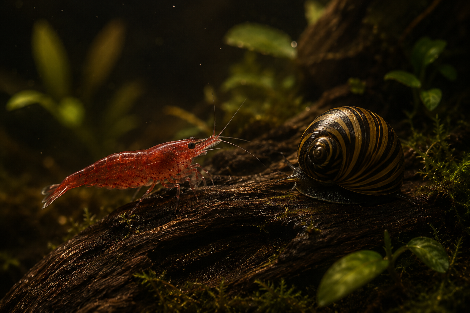 A close macro of a single red cherry shrimp and a single striped nerite snail together on a piece of dark driftwood in a