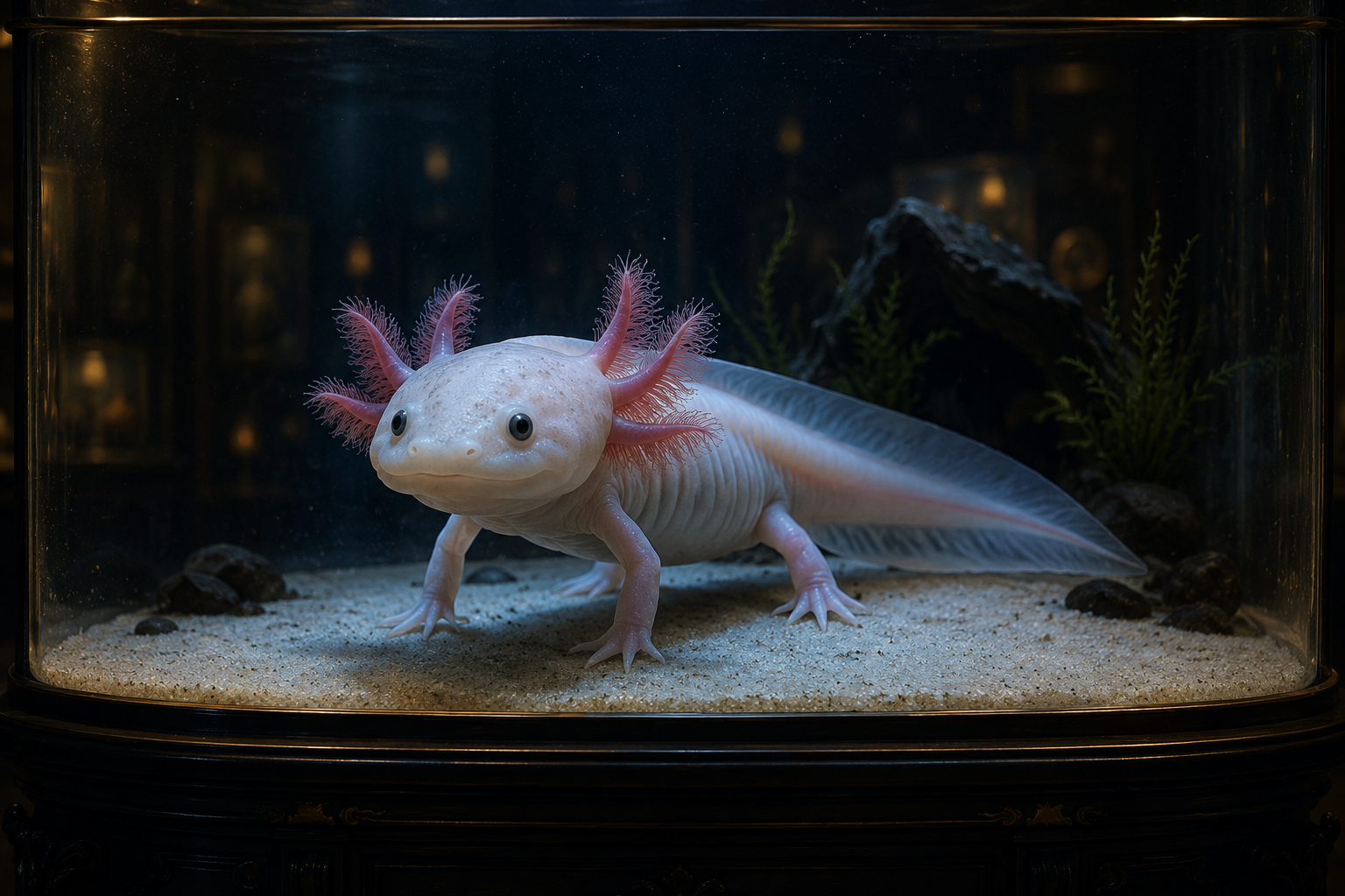 A single axolotl with feathery pink external gills standing on smooth pale sand in a cool-lit cold-water aquarium, one c