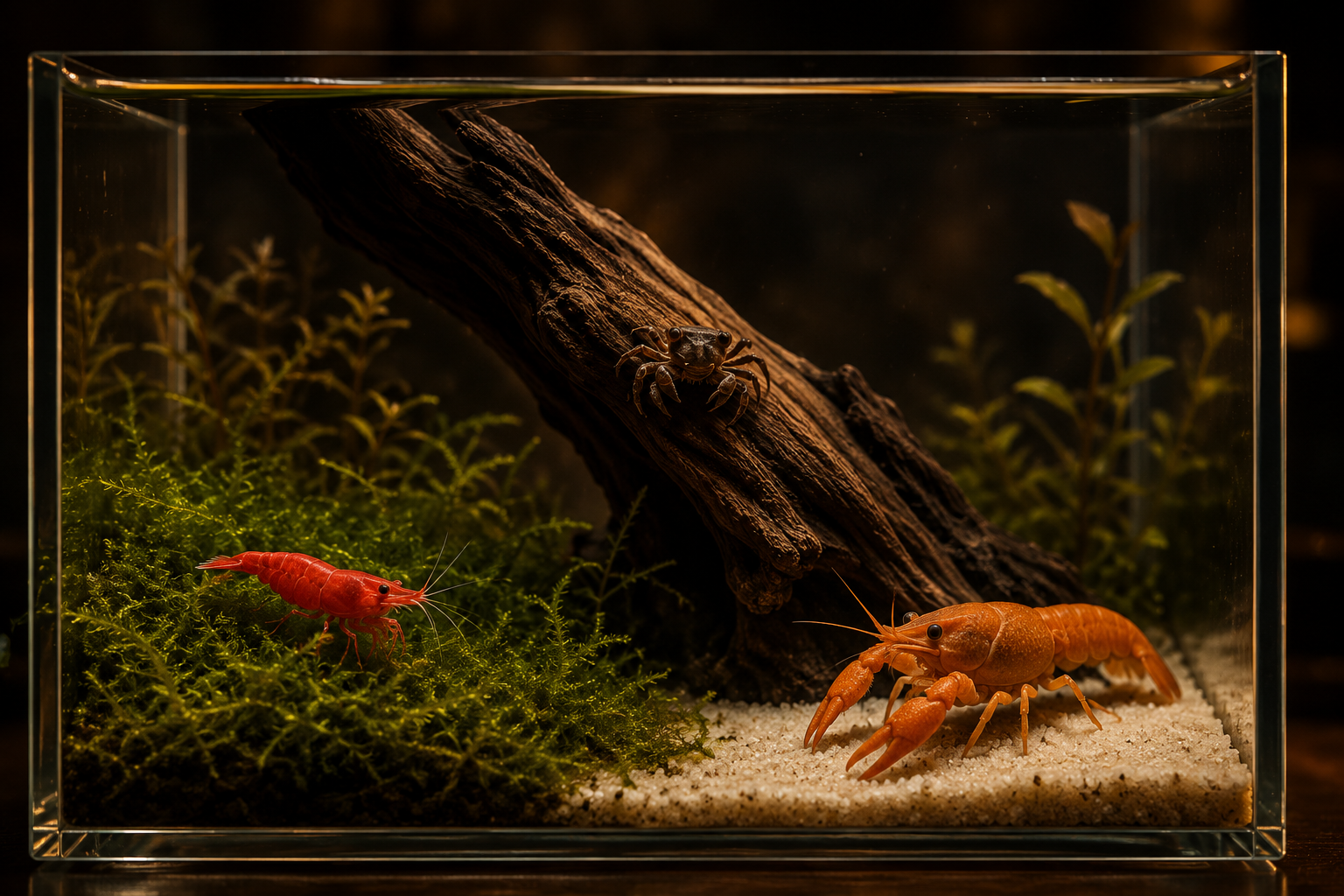 A planted nano aquarium displaying several freshwater crustaceans at once — one red cherry shrimp on bright green java m
