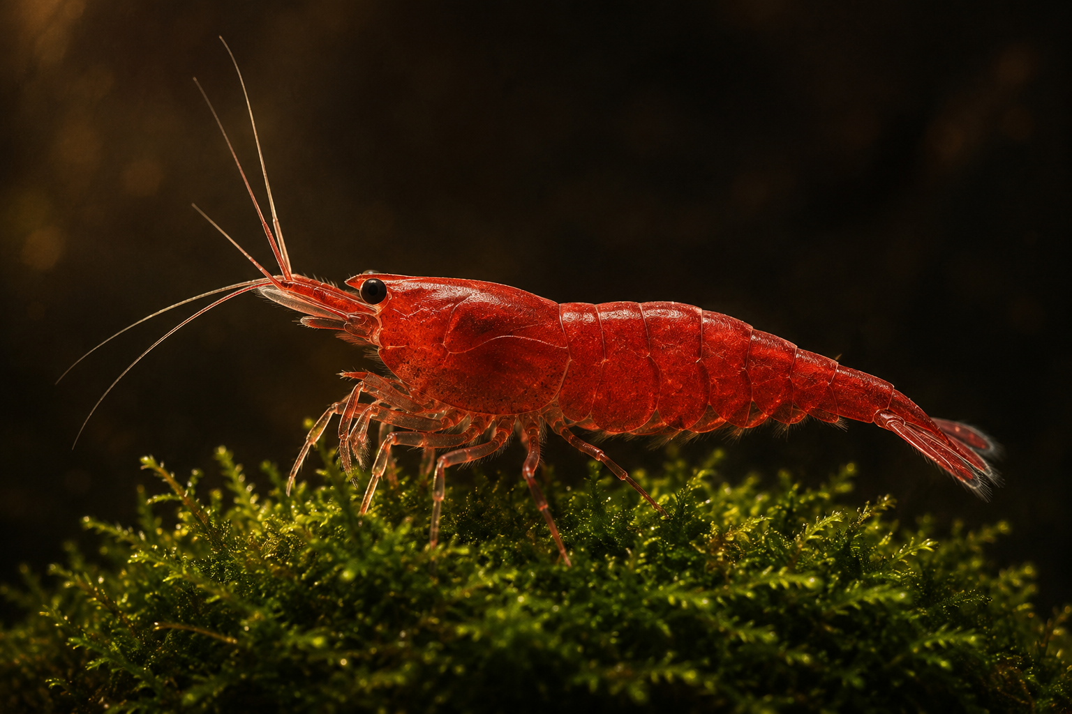 Extreme macro of a single bright red cherry shrimp standing on vivid green java moss, water crystal clear, every leg and