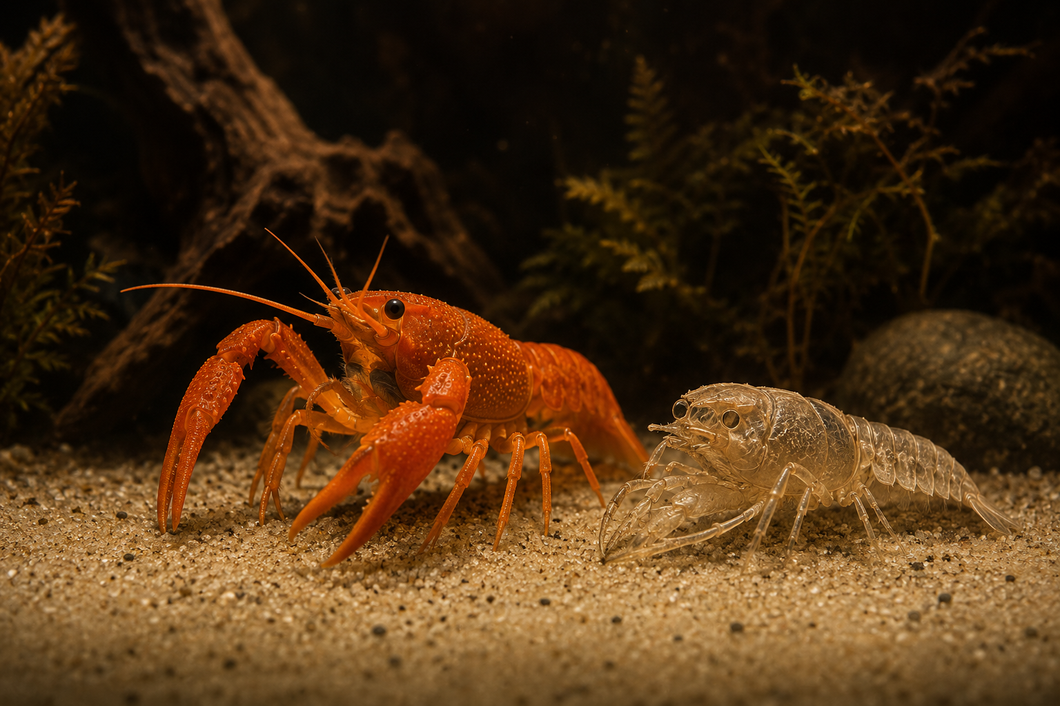 A single vivid orange Mexican dwarf crayfish standing on pale fine sand, claws slightly raised, with its recently shed p