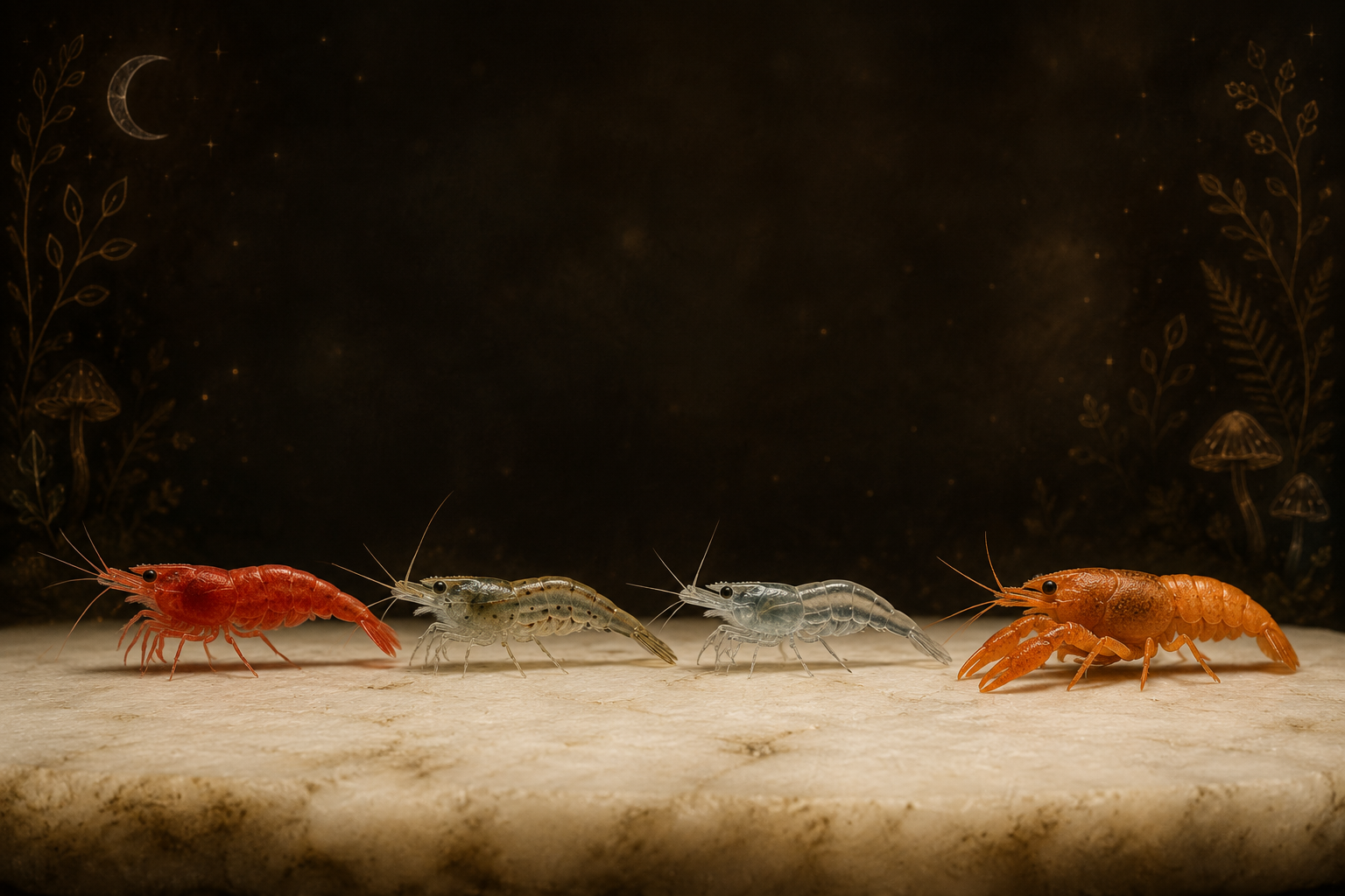 A comparison lineup of four freshwater crustaceans on a clean pale substrate, evenly spaced with clear gaps between them