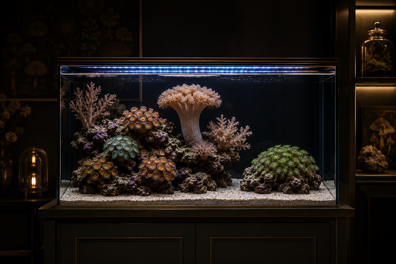 An established mixed soft-coral coral reef tank glowing under blue-white LED light — several distinct zoanthid colonies 