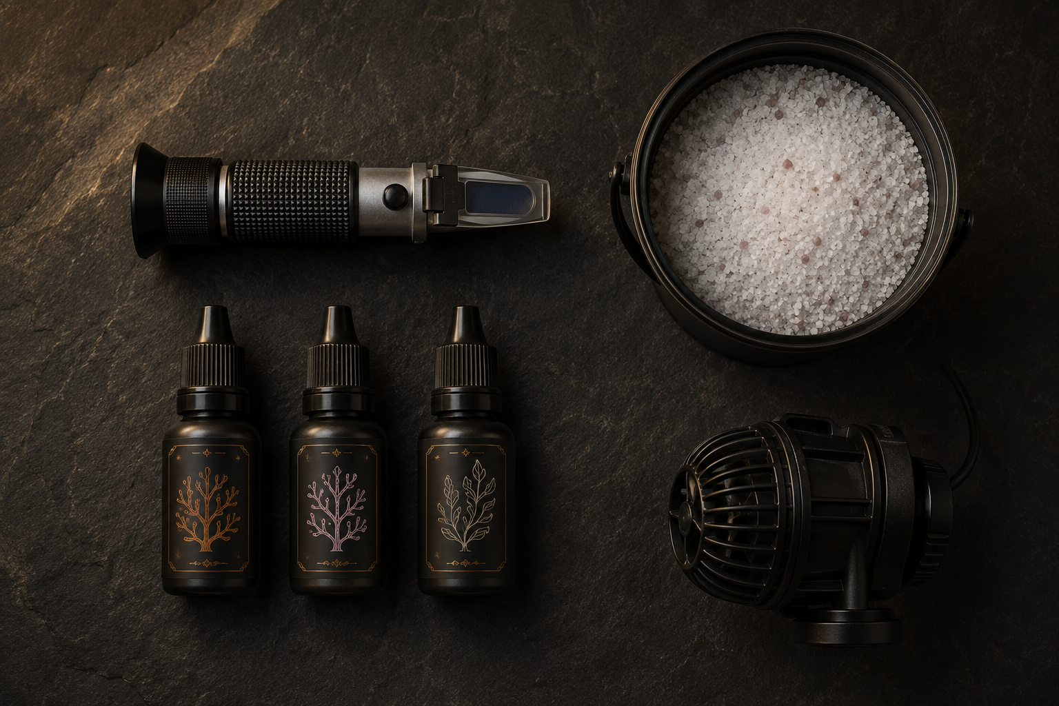 A tidy flat-lay on dark slate: a refractometer, a row of reef test kit bottles (alkalinity, calcium, magnesium), a small