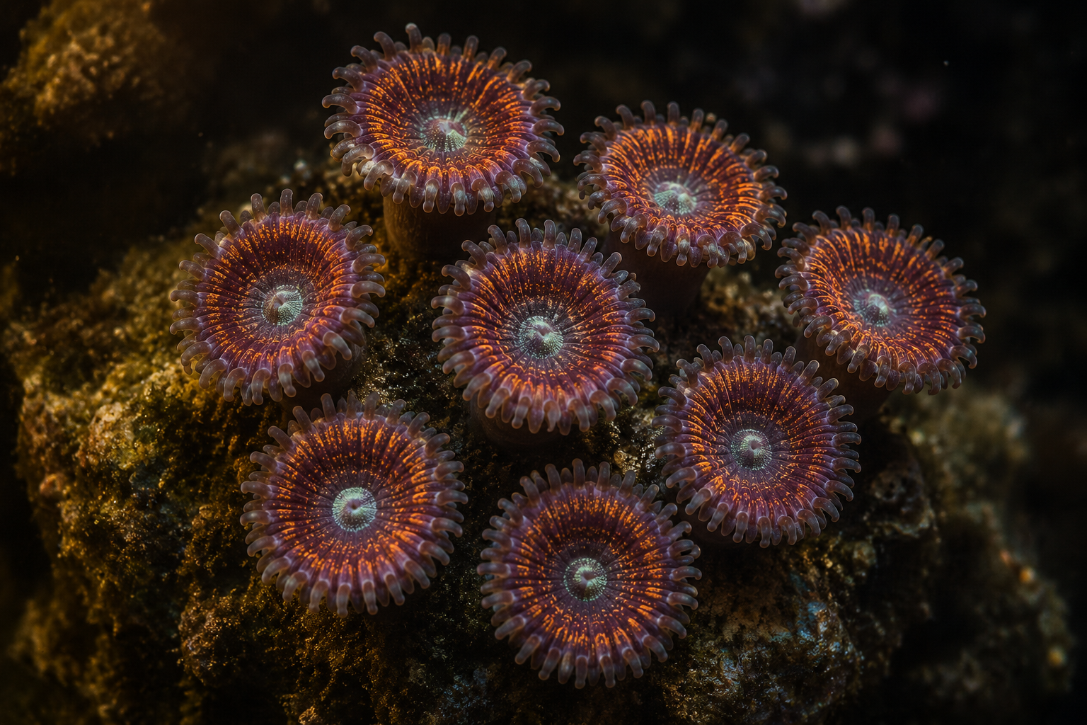 Extreme macro of a zoanthid coral colony in a coral reef tank — a cluster of 8-10 open polyps in orange, teal, and viole