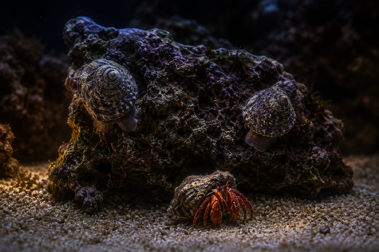 A small cleanup crew working a piece of live rock in a reef aquarium: exactly 2 trochus snails with spiral shells on the