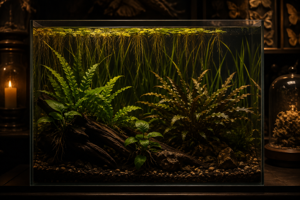 A lush low-tech planted aquarium showing freshwater plants growing in distinct layers — broad-leaved anubias and java fe