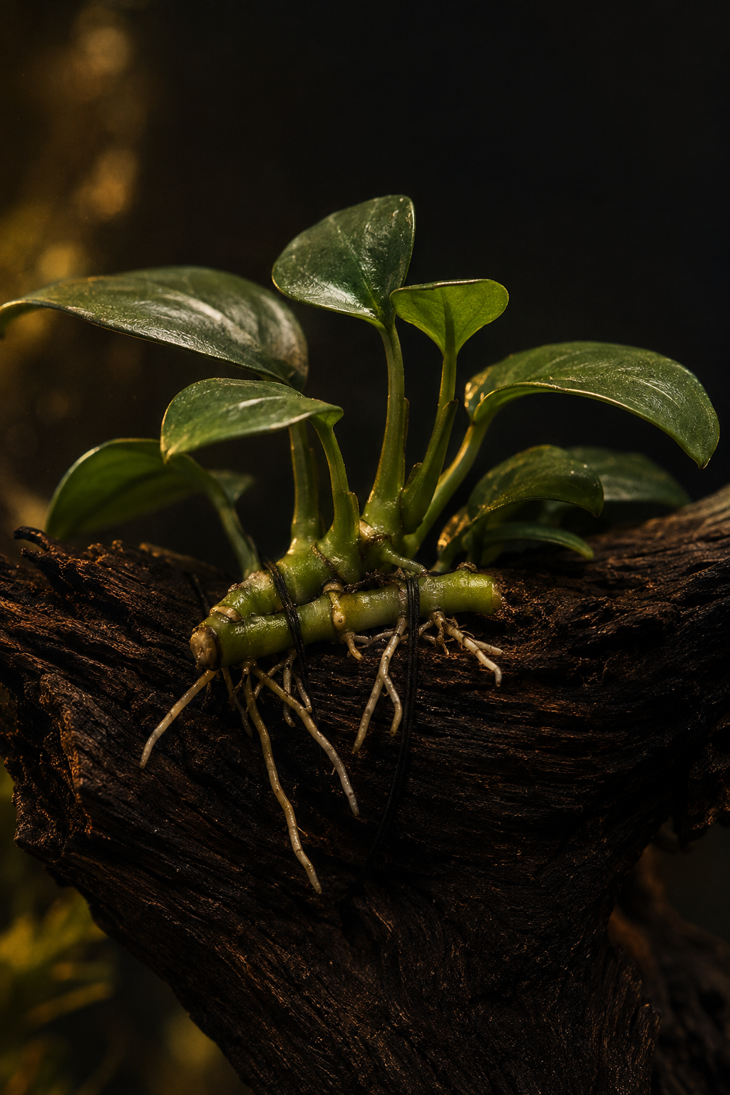 Macro close-up of an anubias nana plant attached to dark driftwood in an aquarium — the thick green horizontal rhizome c