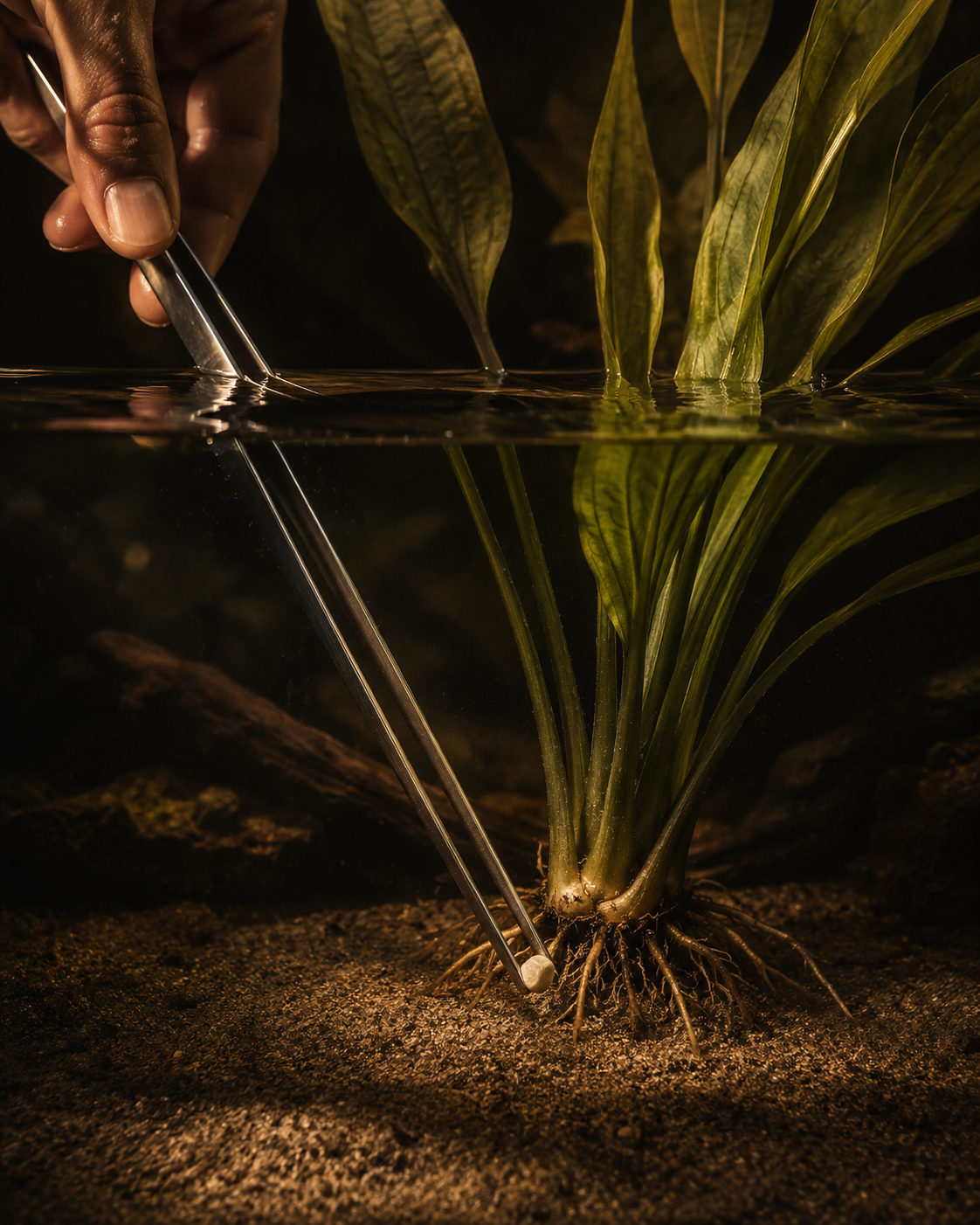 A pair of aquascaping tweezers held by a hand at the water's surface, inserting a small pale root tab capsule into fine