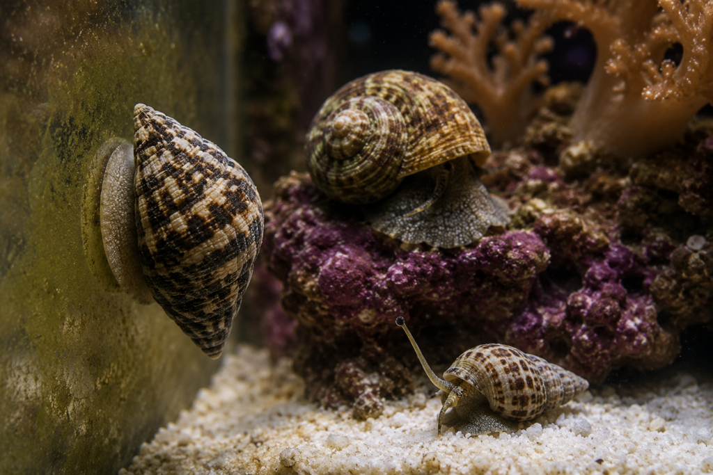 A close, glass-level view inside a reef aquarium showing reef tank snails at work — one banded trochus snail with a coni