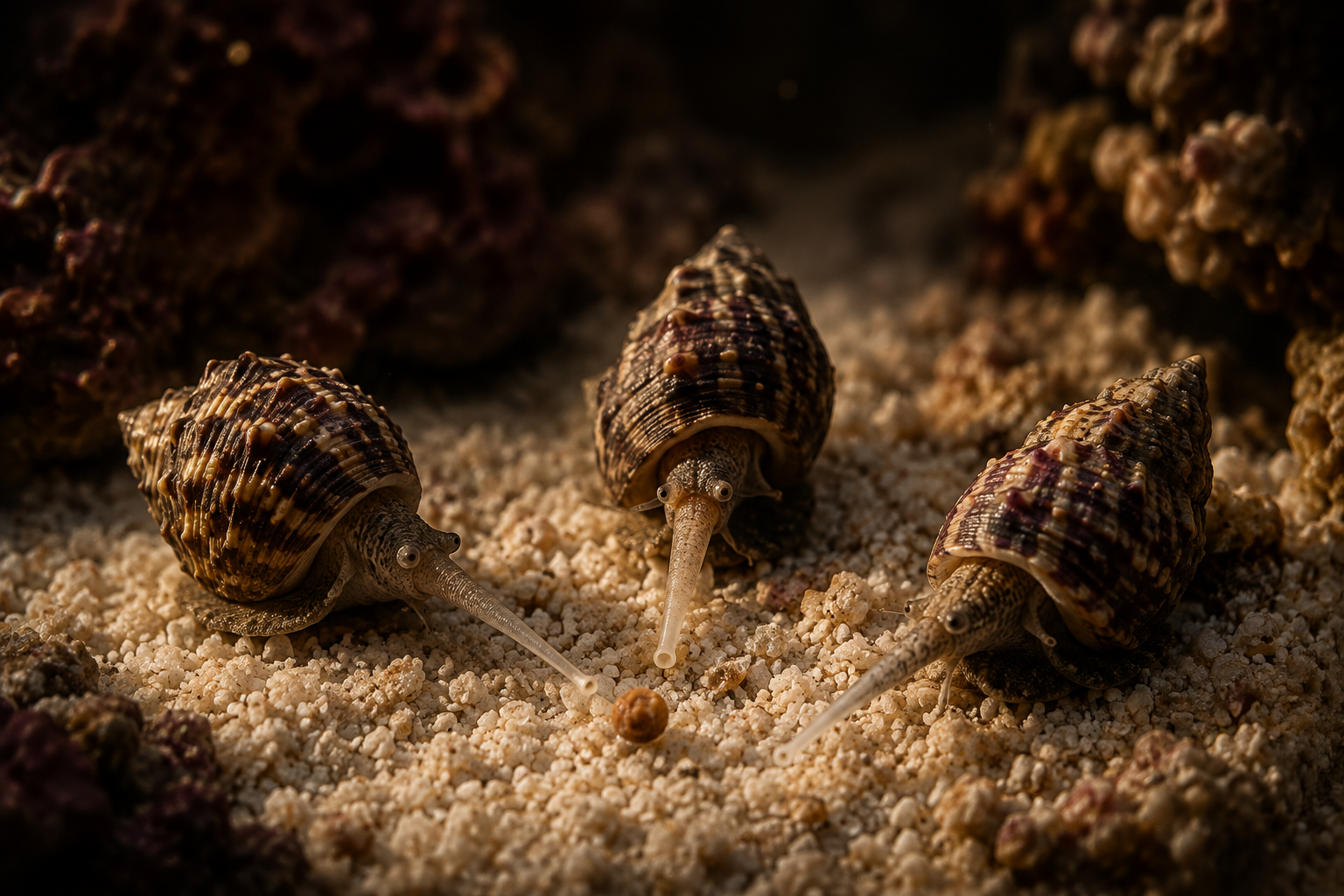 A dramatic macro shot of three nassarius snails erupting from a white aragonite sandbed in a reef aquarium, shells break