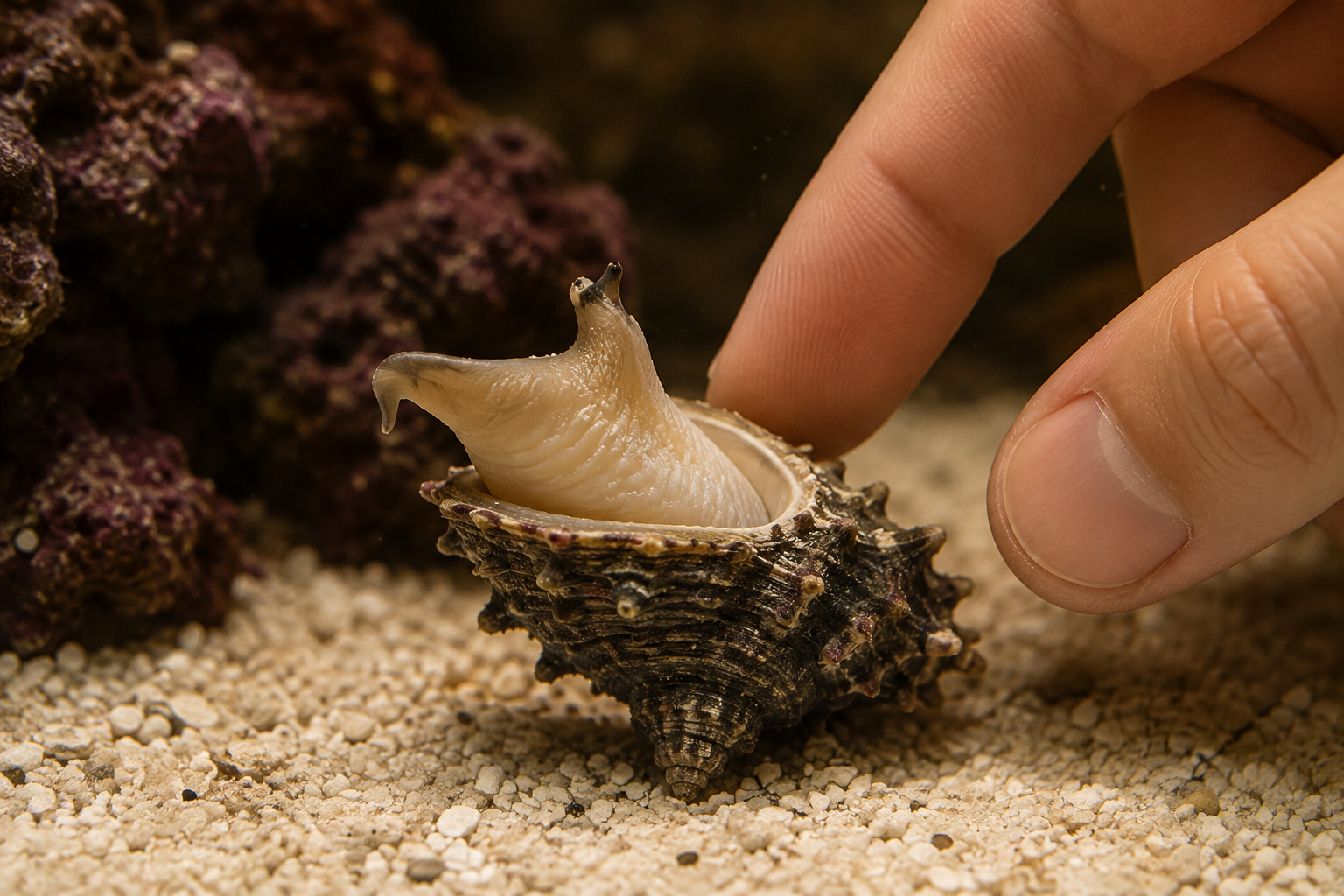 An astraea snail lying upside down on reef sand, its star-ridged conical shell resting on the substrate and its pale foo