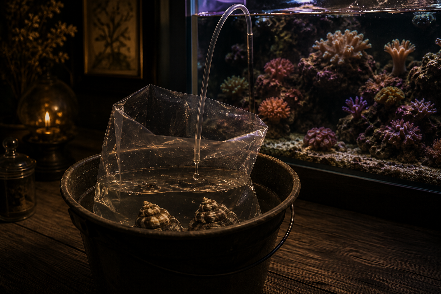 A drip acclimation scene beside a glowing reef tank at night — a clear bag holding two trochus snails sits in a small bu