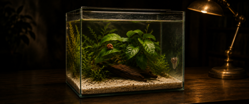 A small snail aquarium glowing on a dark wooden desk — a planted 5-gallon rimless nano tank with a striped zebra nerite