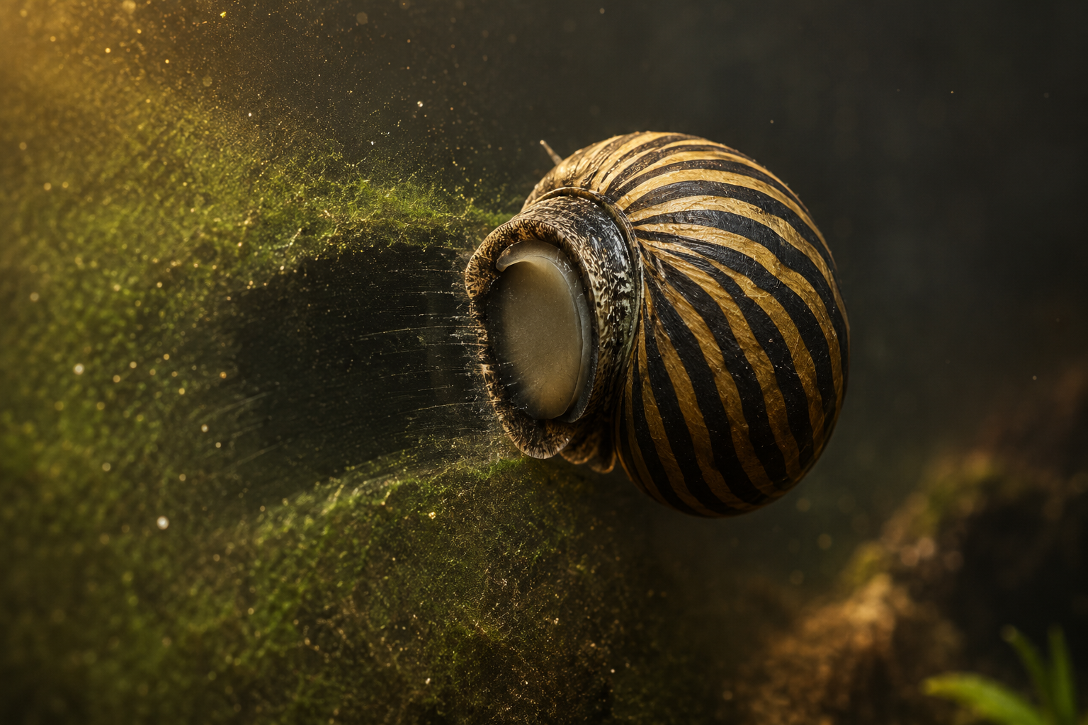 Extreme macro of a zebra nerite snail on aquarium glass, its gold-and-black striped shell in crisp detail, mouth pressed