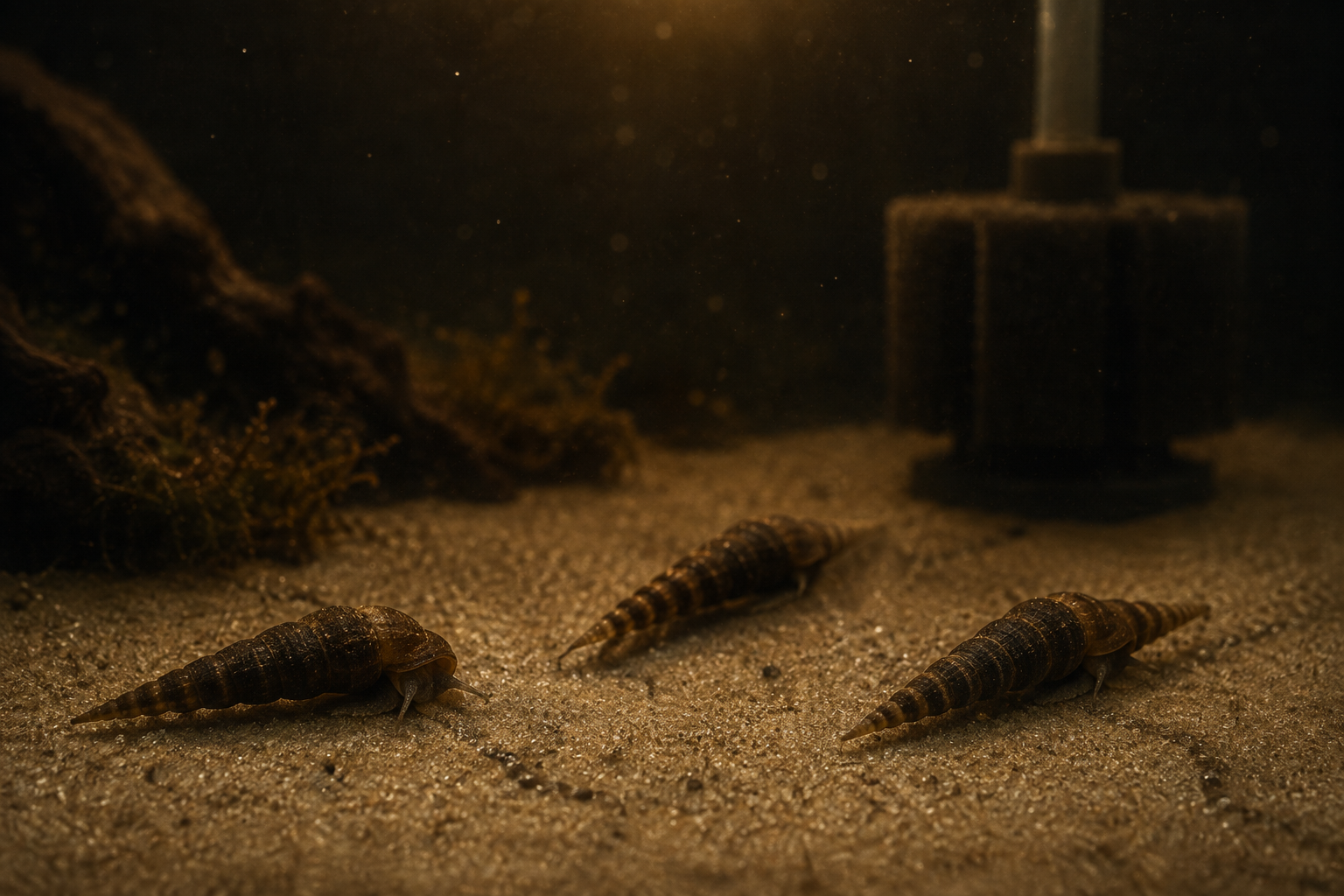 A night scene inside a small aquarium — three Malaysian trumpet snails with long spiral cone shells emerging from pale s