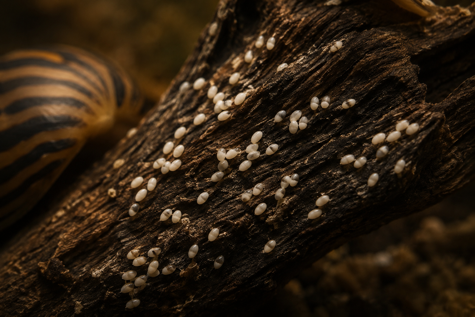 A cluster of small hard white nerite snail eggs dotted across a piece of dark driftwood in an aquarium, photographed clo