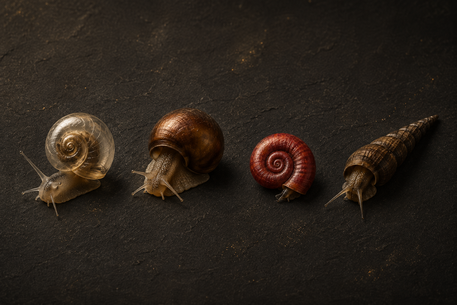 An identification lineup on dark slate — four small freshwater snails in a row, each clearly separated with its own spac