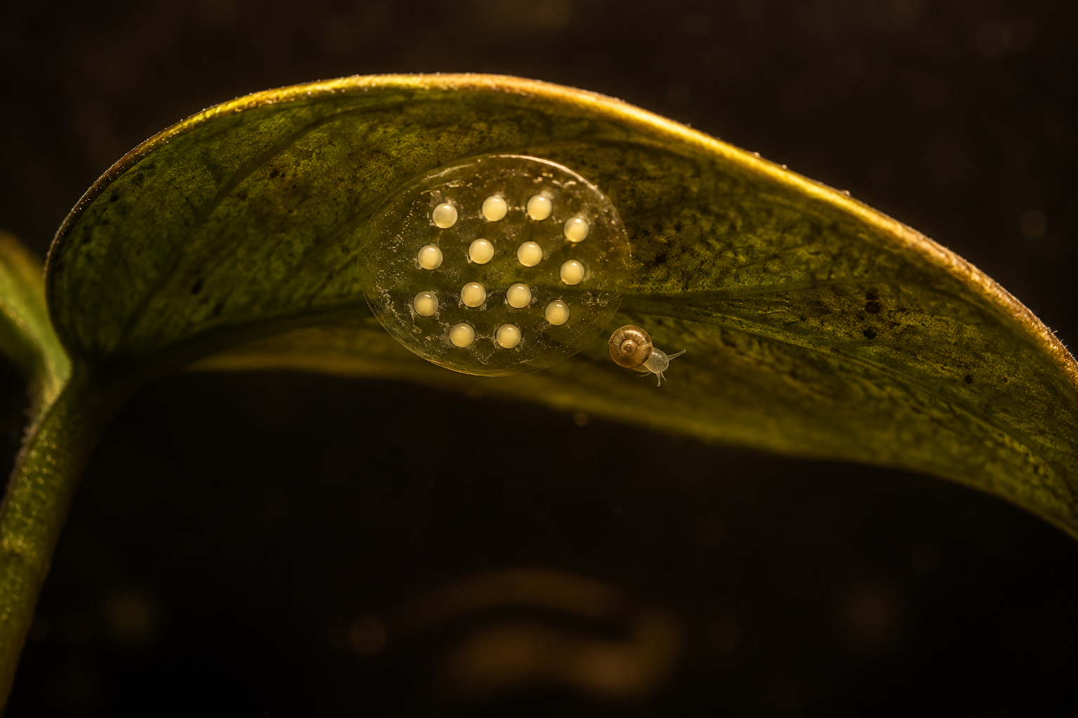 Macro of the underside of a broad green aquarium plant leaf, photographed from below against dark water — a clear gelati
