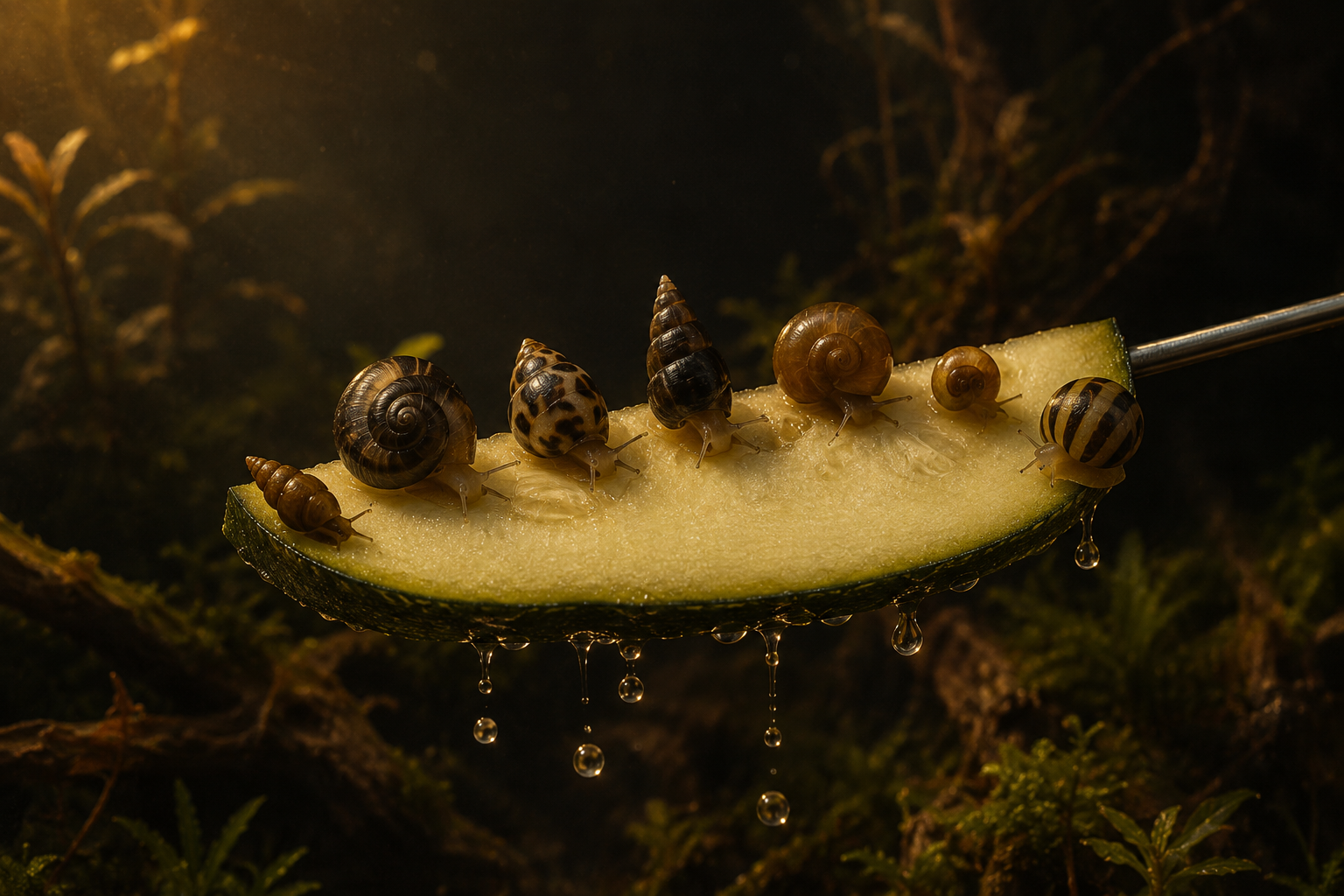 A slice of pale blanched zucchini being lifted from a dark planted aquarium on a stainless skewer, seven small snails of