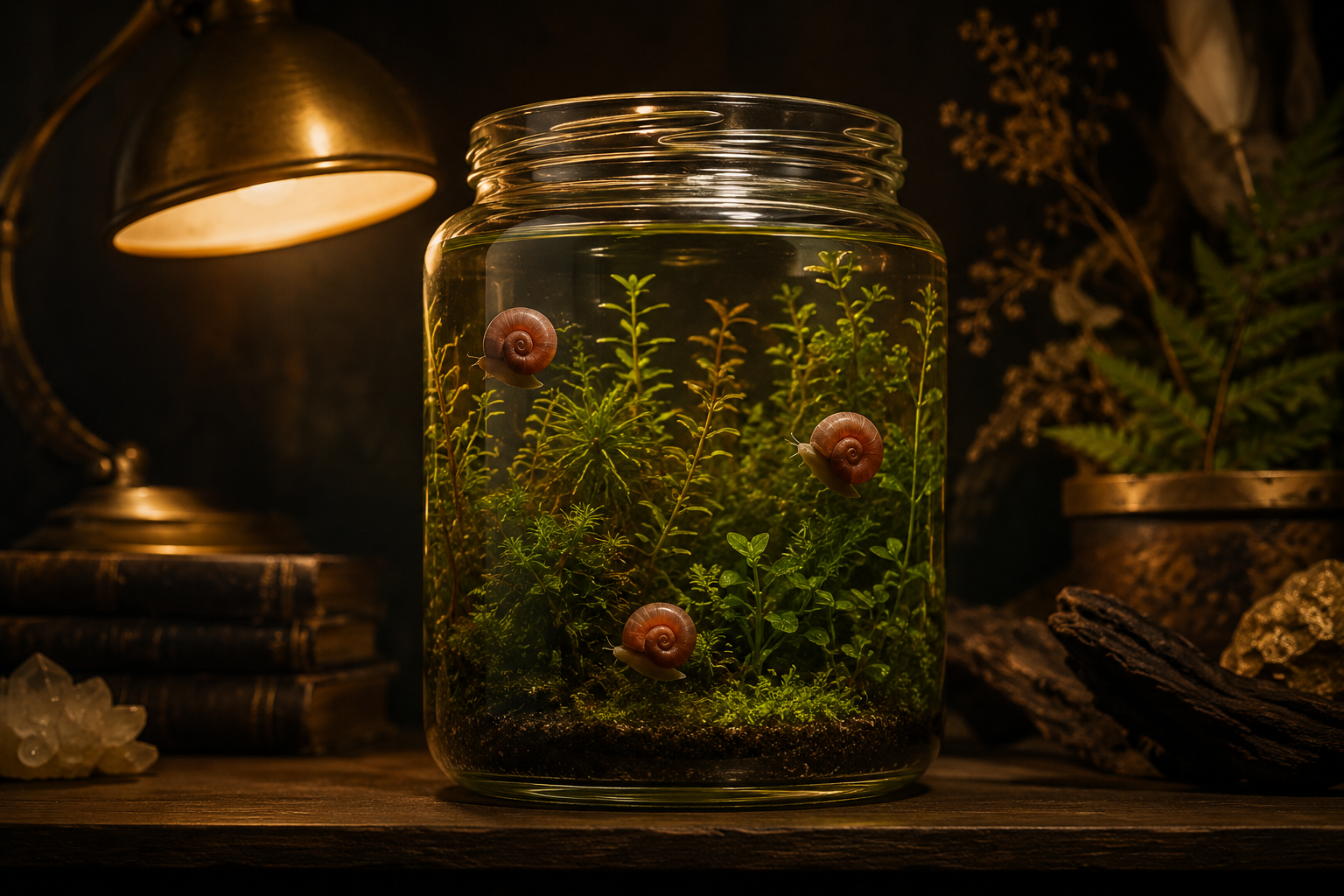 A small clear glass jar aquarium on a dark wooden shelf, densely planted with green stem plants, three red ramshorn snai