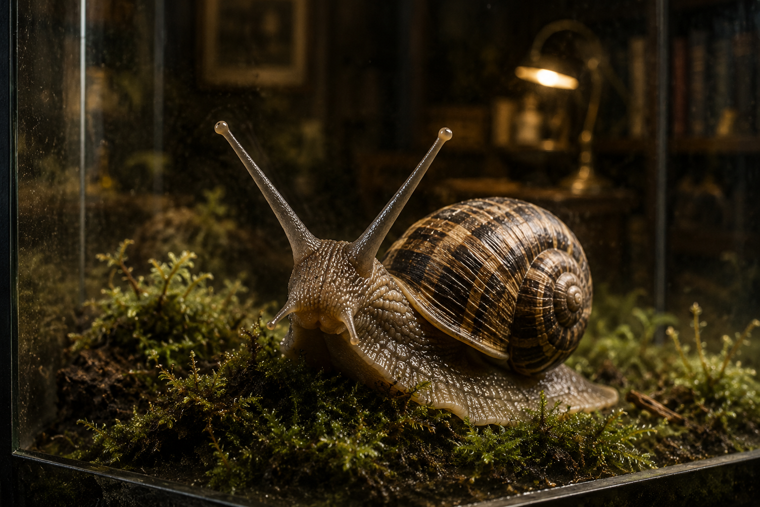 A pet land snail in portrait — a common garden snail with a caramel-and-chocolate swirled shell gliding across a cushion