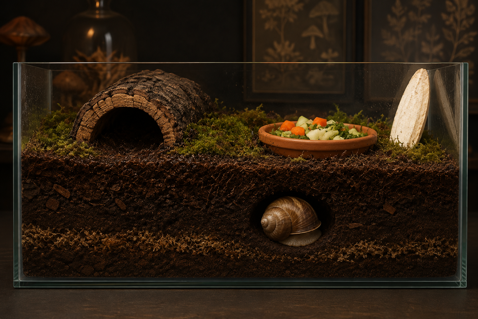 Cutaway cross-section illustration-style photo of a land snail terrarium — visible layers of dark coco fiber soil three
