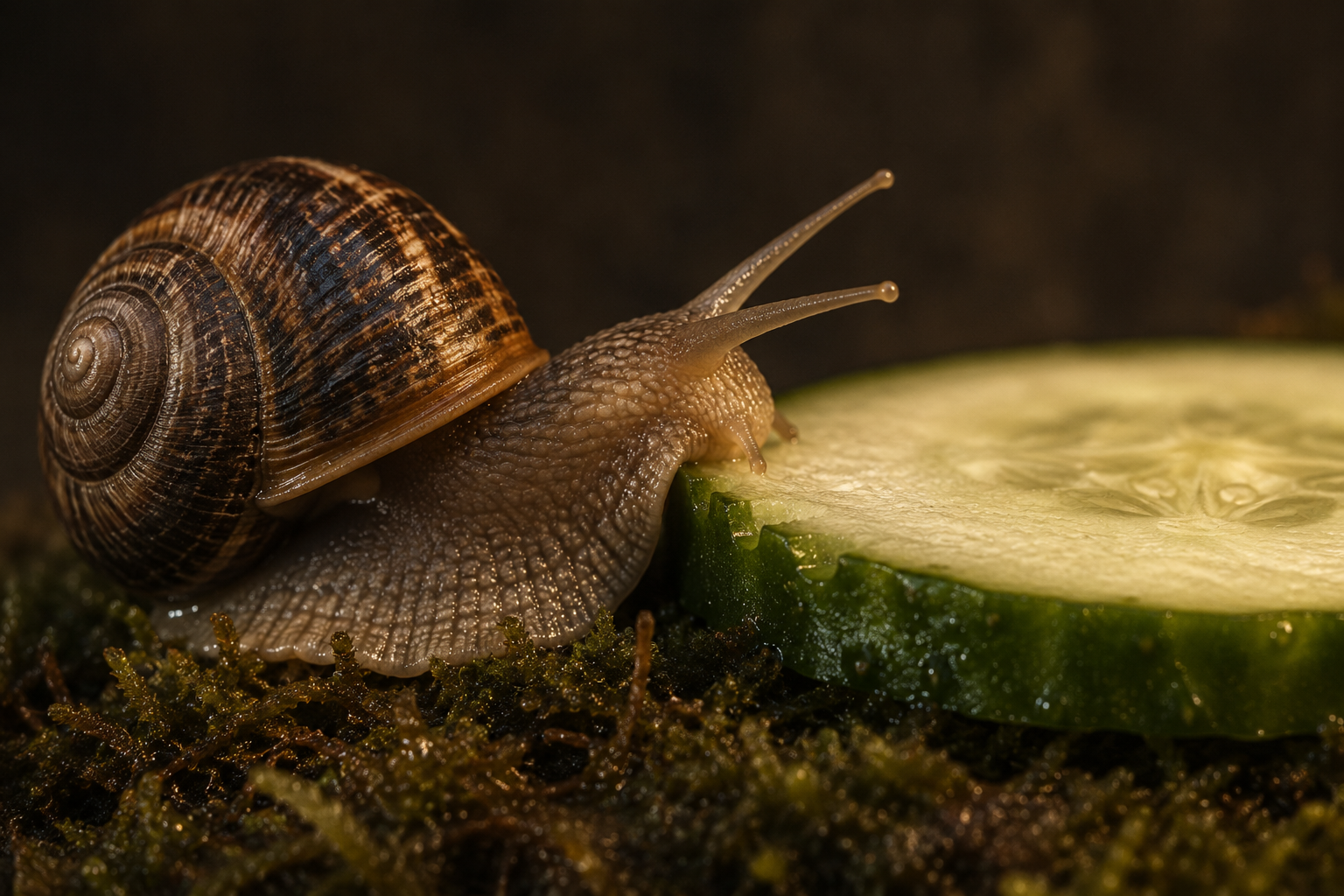 Macro side profile of a garden snail eating a thin round slice of cucumber nearly as big as itself, its mouth pressed to