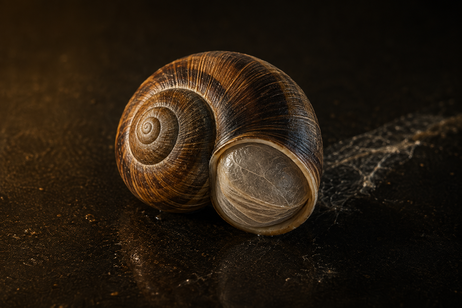 A garden snail estivating on dark glass — withdrawn deep into its spiral shell, the aperture sealed with a translucent p