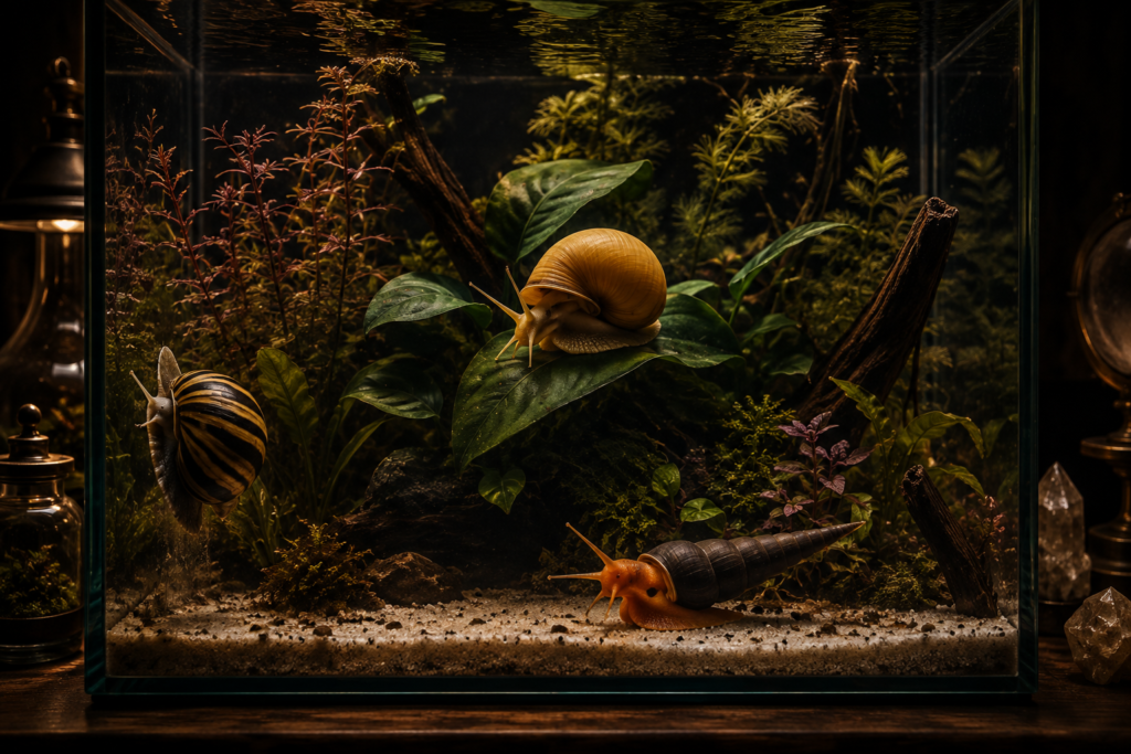 Good snails for aquarium duty on display — a lush planted community tank glowing in a warm charcoal-toned room: a stripe