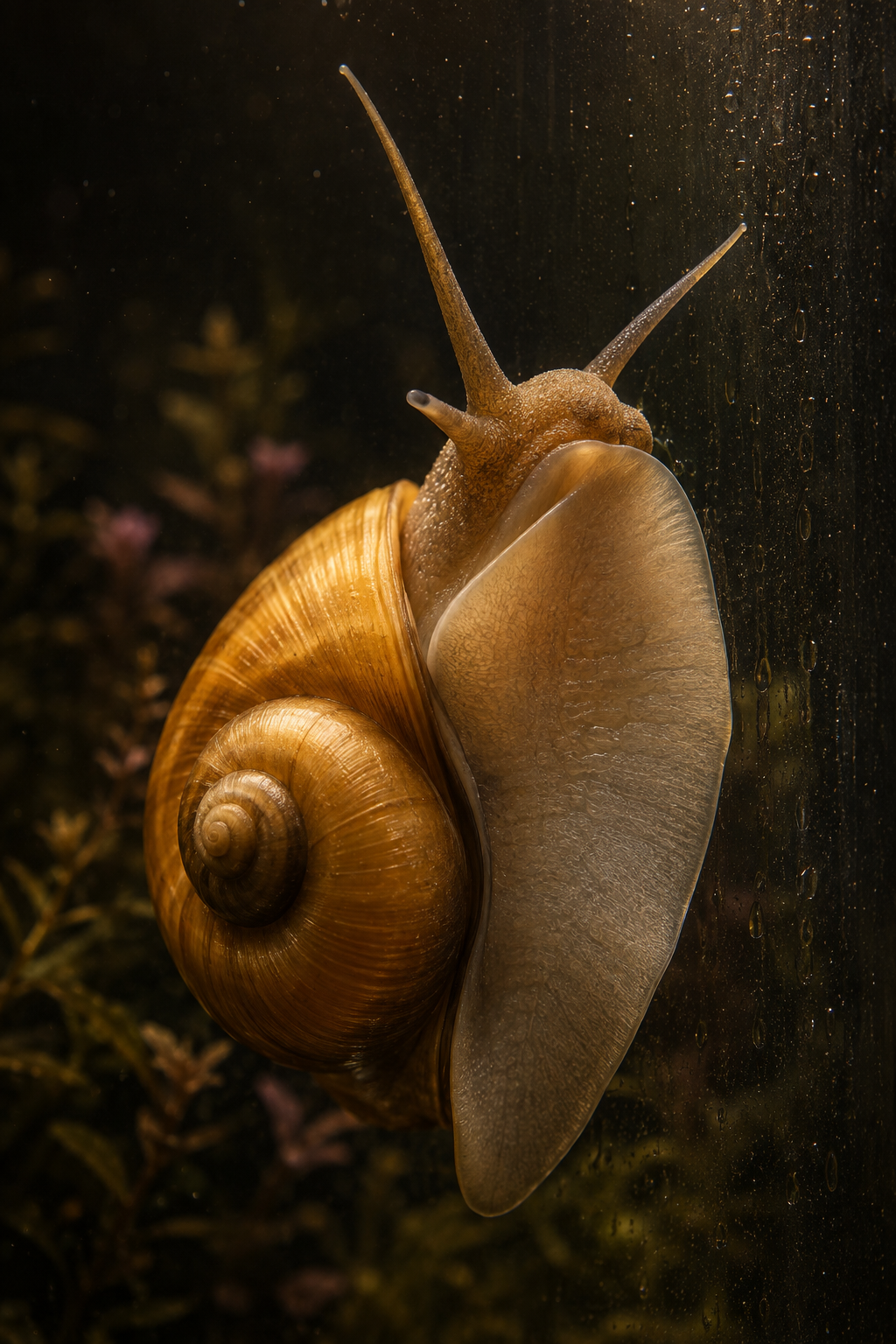A golden mystery snail climbing aquarium glass in extreme macro — buttery yellow shell glowing, foot spread wide against