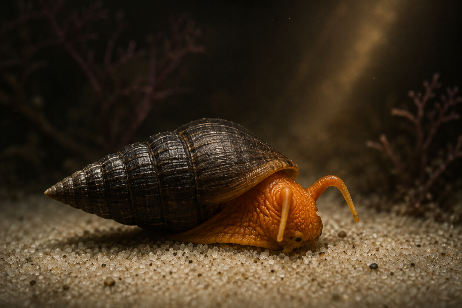 Close portrait of an orange Sulawesi rabbit snail on pale sand — long dark spiraled cone shell, vivid tangerine body, wr