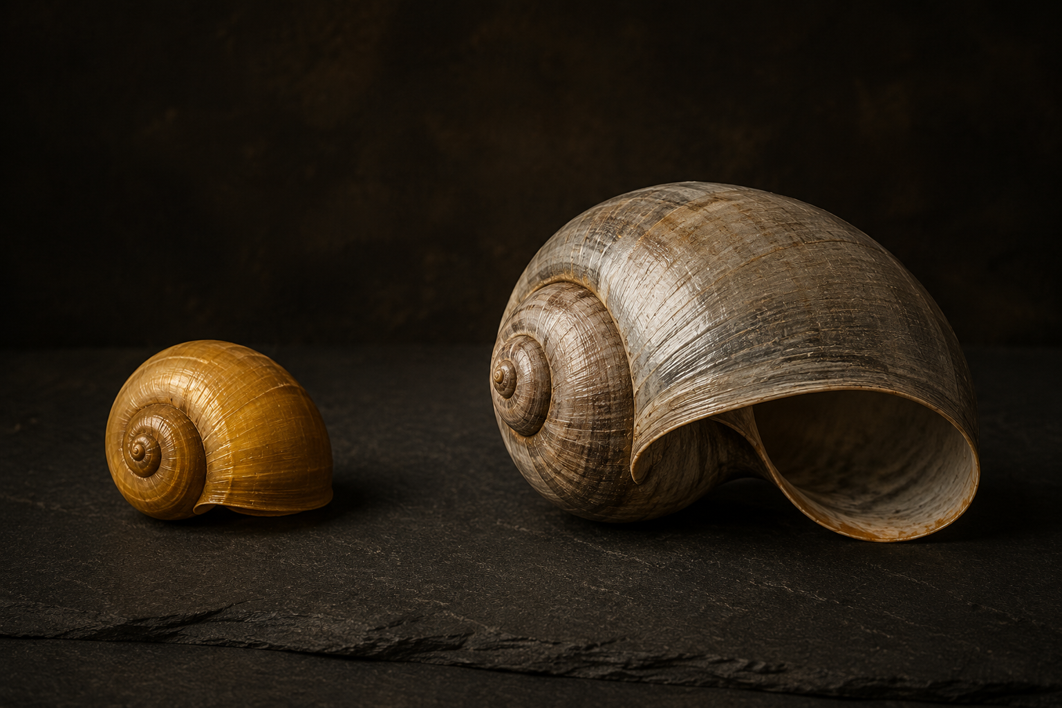 Warning-comparison still life on dark slate — a modest golf-ball-sized golden mystery snail beside a dramatically larger