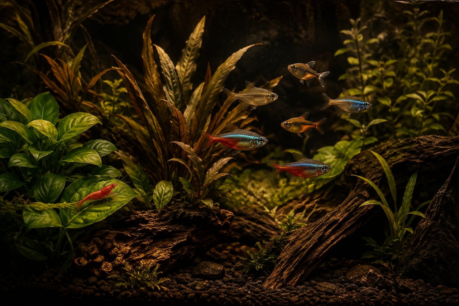 Home aquarium with tropical fish, shrimp and live plants