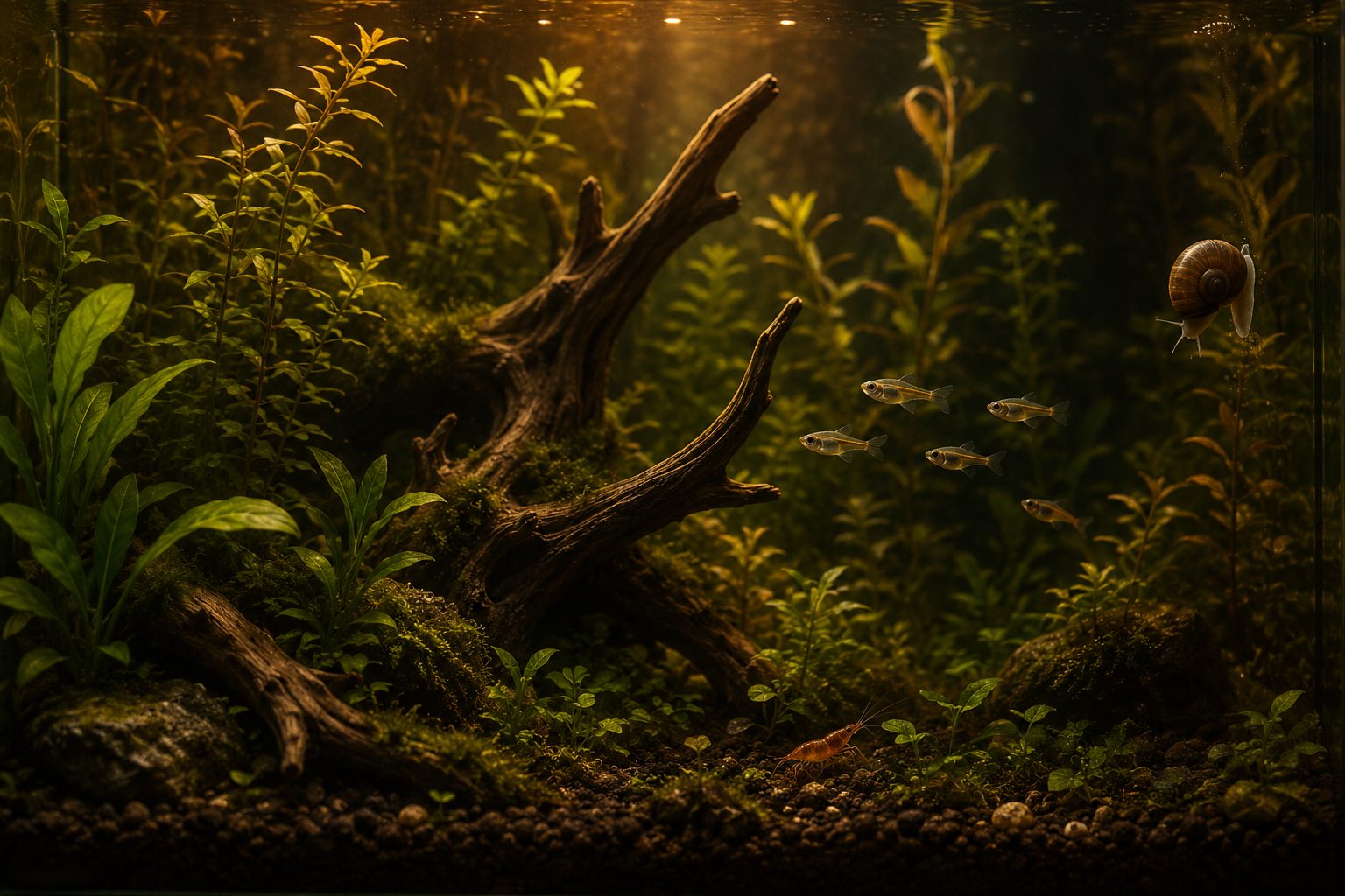 Planted freshwater tank with small fish, snails and shrimp