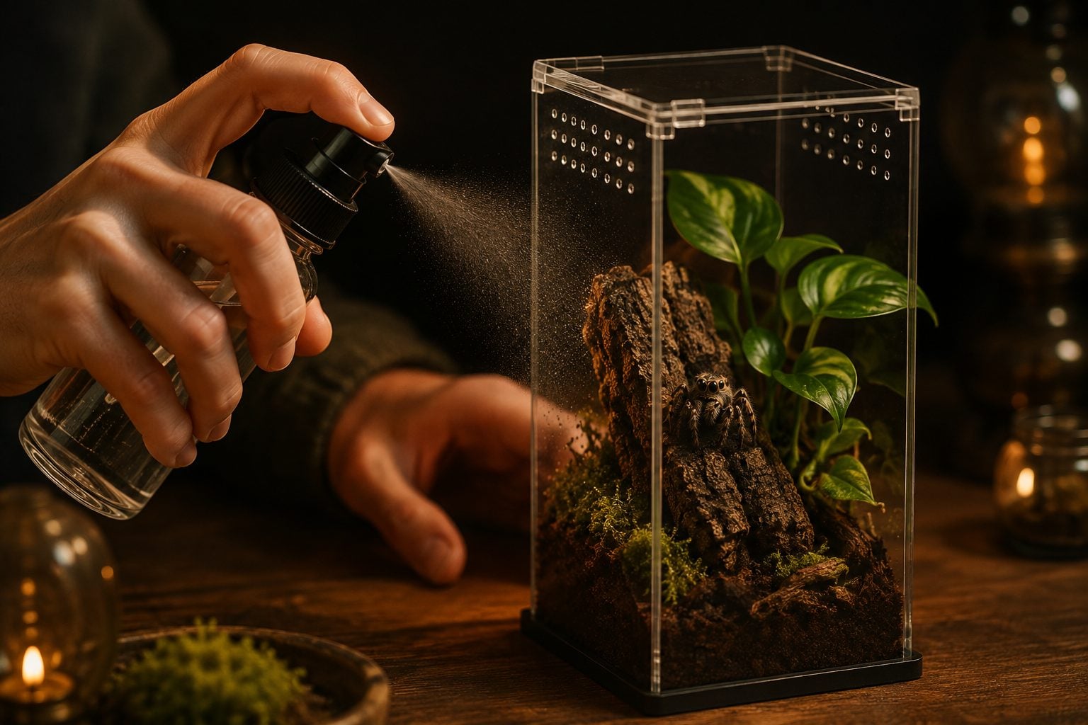Keeper misting a jumping spider enclosure